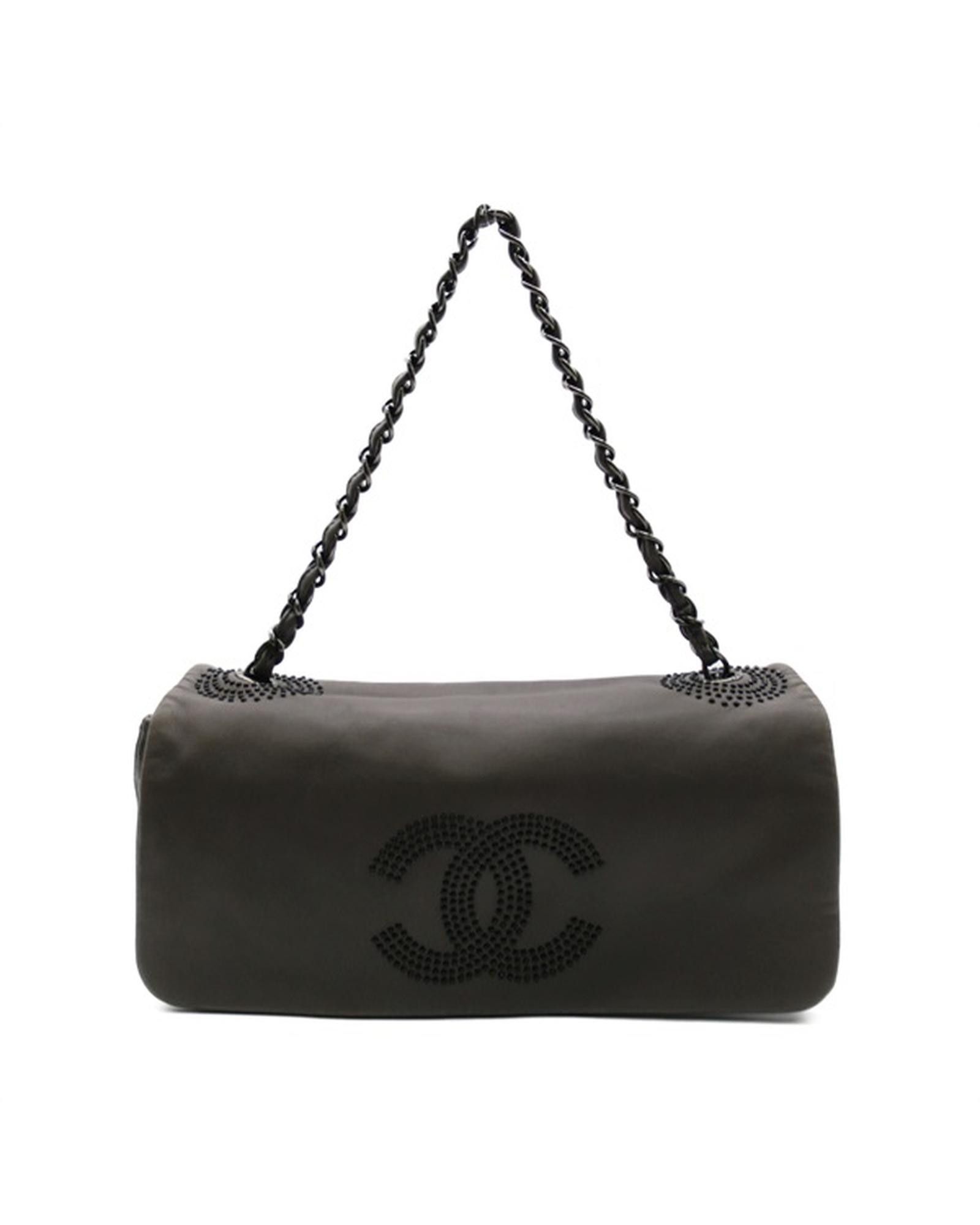 image of Chanel Studded Grey Full Flap Bag With Cc Logo, Women's