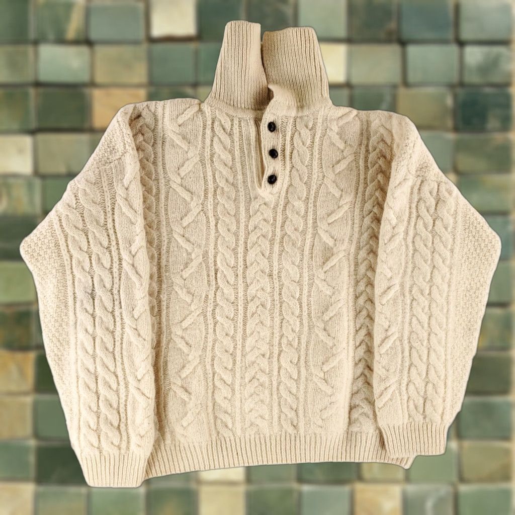 Peregrine Peregrine Mens L Wool Chunky Cable Knit Sweater Cream Ivory Shawl England Pullover Knit Size US L / EU 52-54 / 3 - 1 Thumbnail