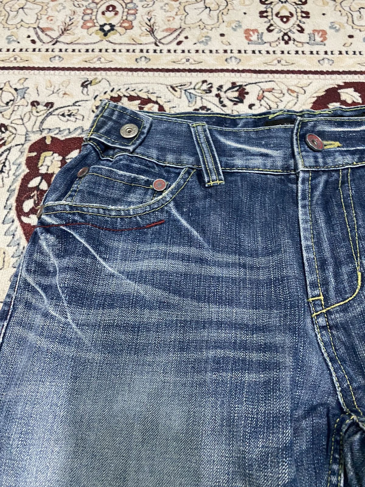 Japanese Brand X Red pepper distressed flare jeans