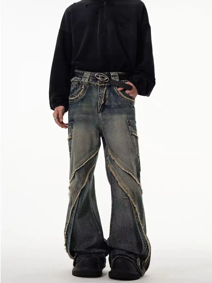 image of Retro Heavy-Duty Stitching Raw Edge Micro-Flared Jeans in Vintage Blue, Men's (Size 32)