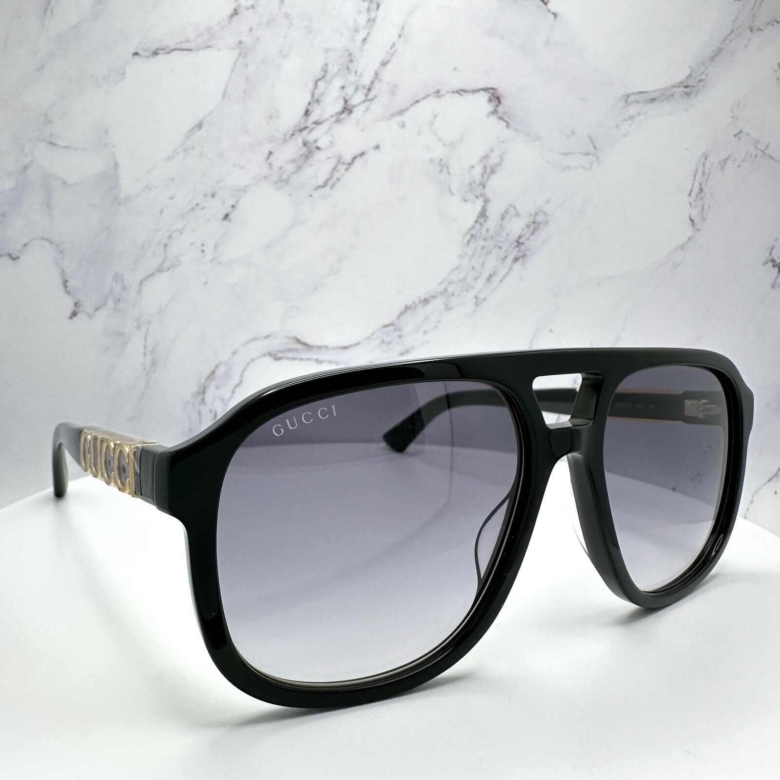 New Gucci Sunglasses Black Pilot Aviator 58mm Navigator Gold
