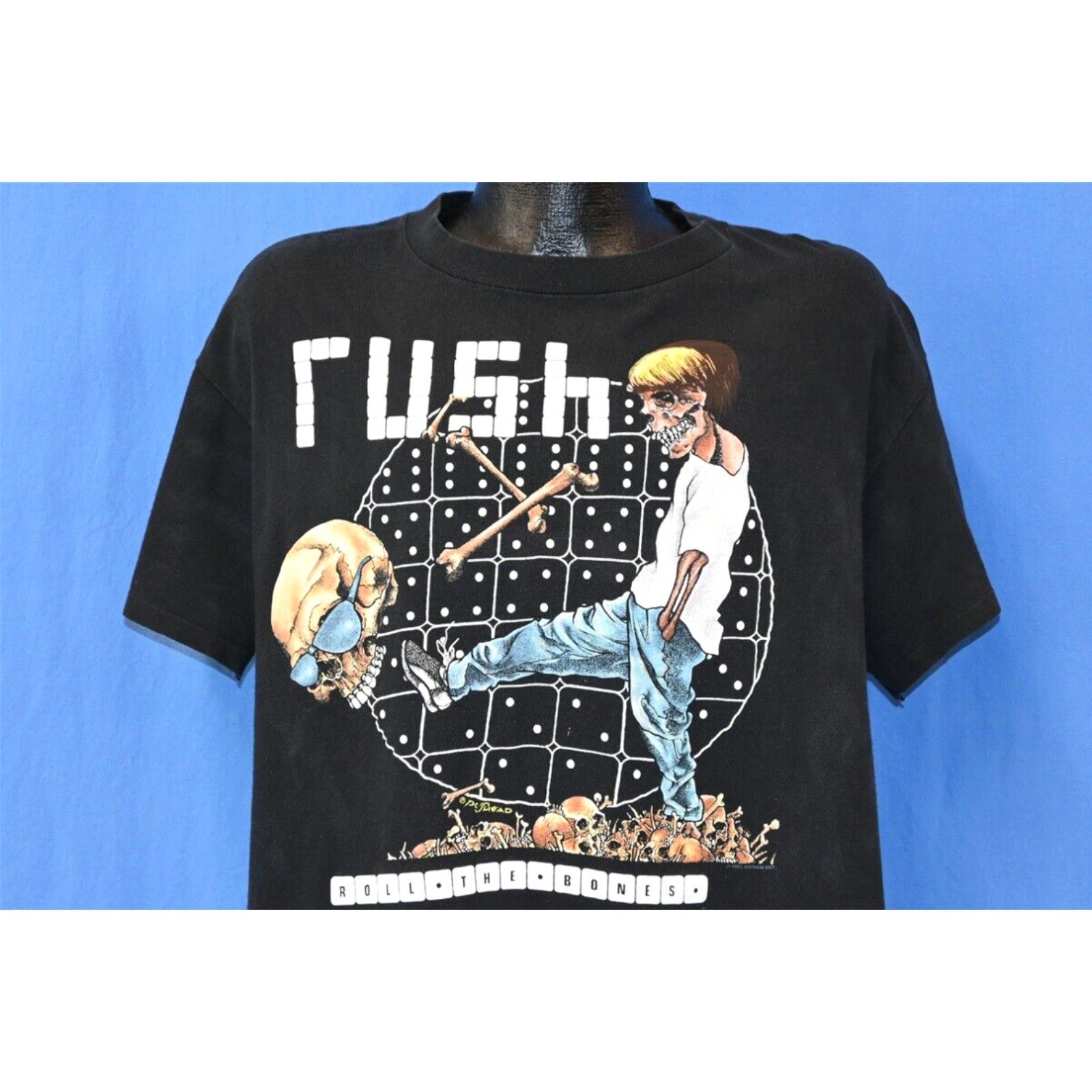 image of Vintage 90's Rush Roll The Bones Pushead Concert Tour 2 Sided Black T-Shirt XL in White, Men's