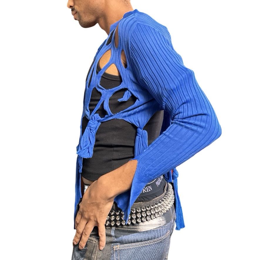 Other ASTROBOI* Blue Open Knit Ribbed Knotted Polo Sweater - Large Size US L / EU 52-54 / 3 - 3 Thumbnail
