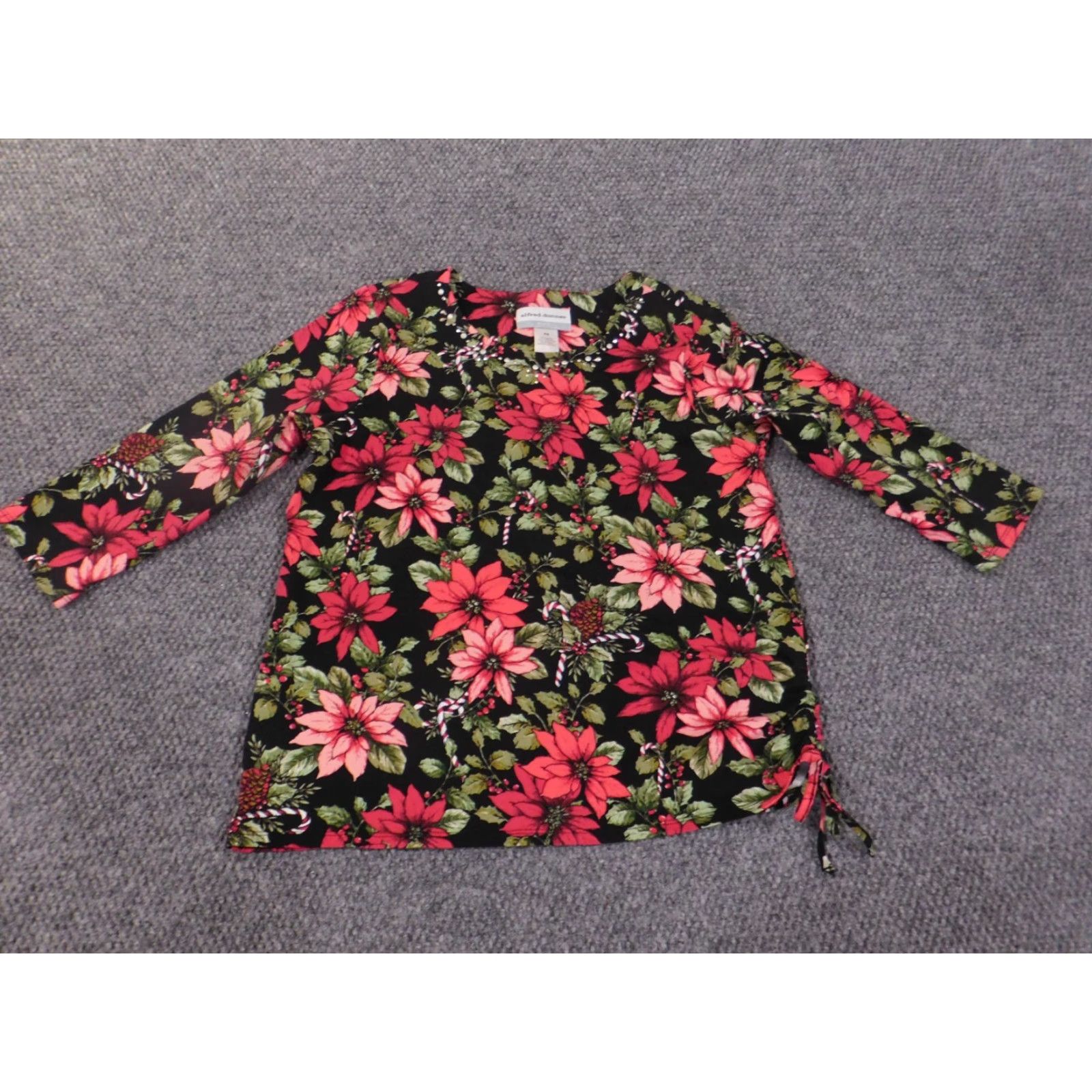 Vintage Alfred Dunner Blouse Shirt Petite PS Women Red Floral Cotton Spandex Stretch Round Neck Long Sleeve Pullover Casual Weekend Flower Size S / US 4 / IT 40 - 2 Thumbnail