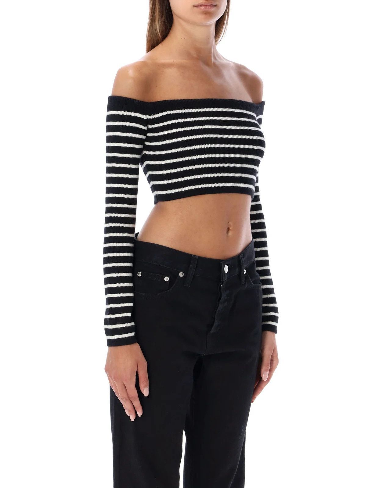 Saint Laurent Paris o1tp1o0125 Cropped Top In Stripe Wool in Black/White Size XS / US 0-2 / IT 36-38 - 7 Thumbnail