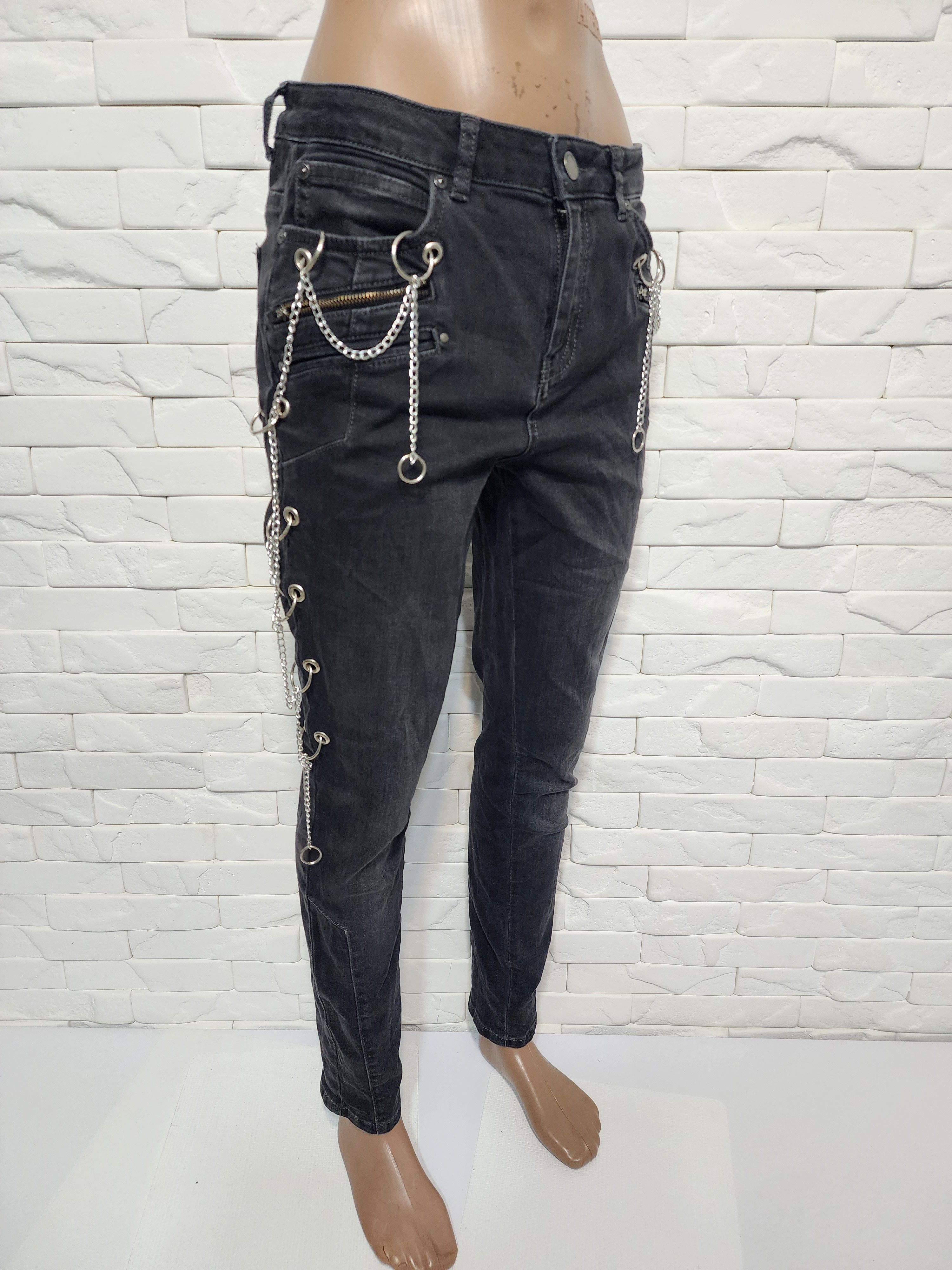 Designer Black women's jeans with decorative chains. Size 30" / US 8 / IT 44 - 1 Thumbnail