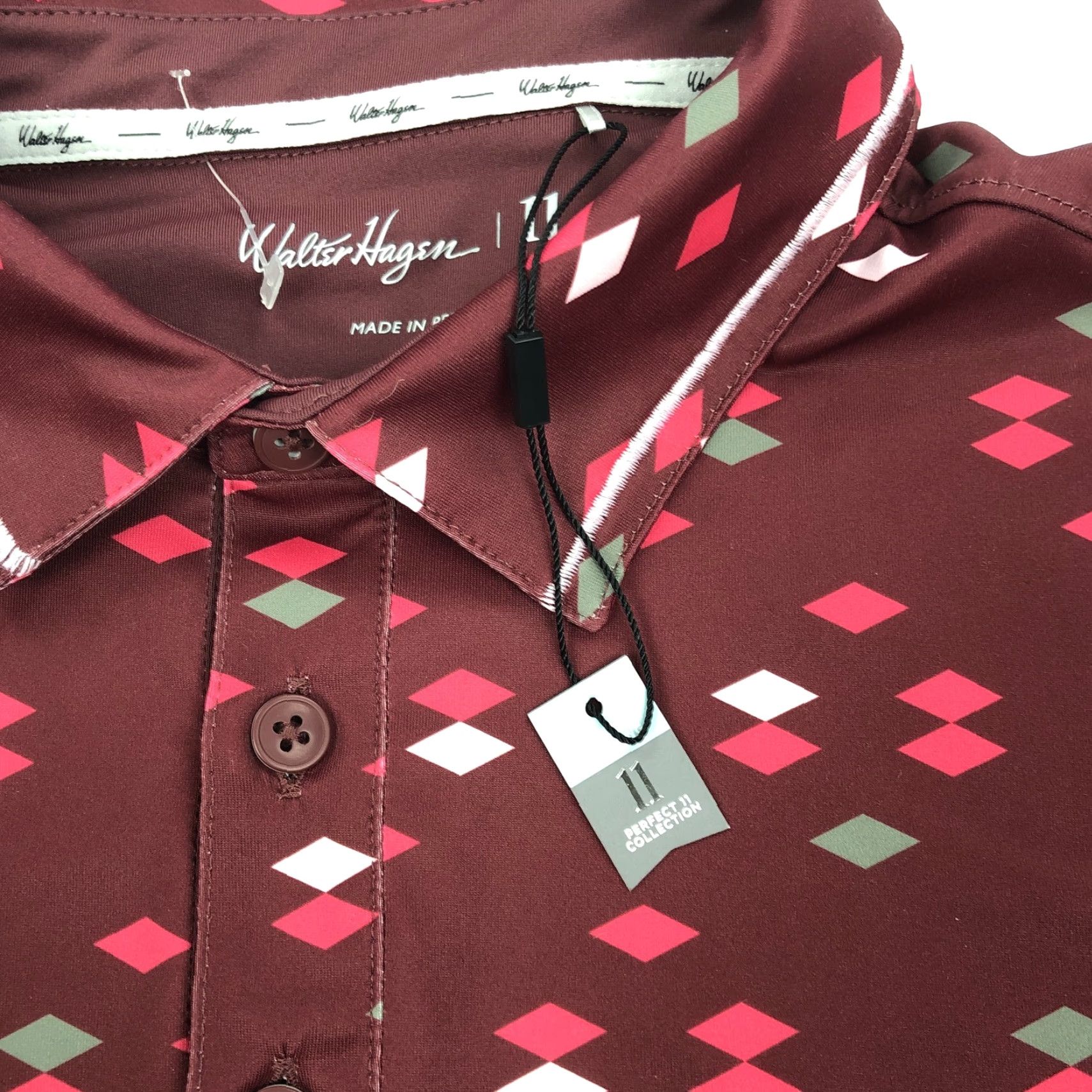 Vintage Walter Hagen Perfect 11 Polo Shirt Burgundy Diamond Geometric NWT Mens L Regular Short Sleeve Golf Breathable Moisture Wicking Easy Care Shirt Size US L / EU 52-54 / 3 - 4 Thumbnail
