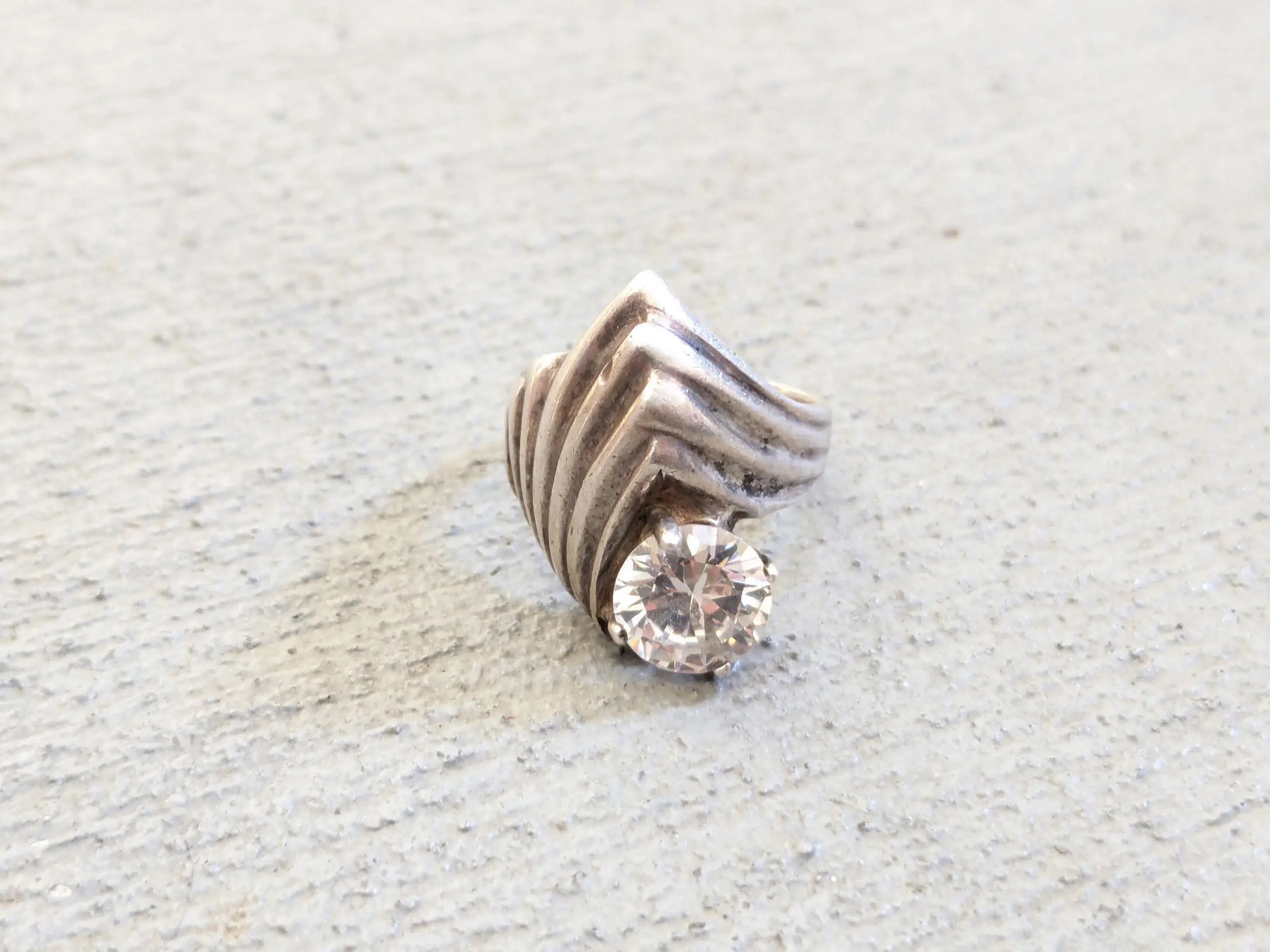 Jewelry × Vintage Sterling Silver Ring CZ Clear Round 7 Mexico Taxco Modern Size ONE SIZE - 2 Thumbnail