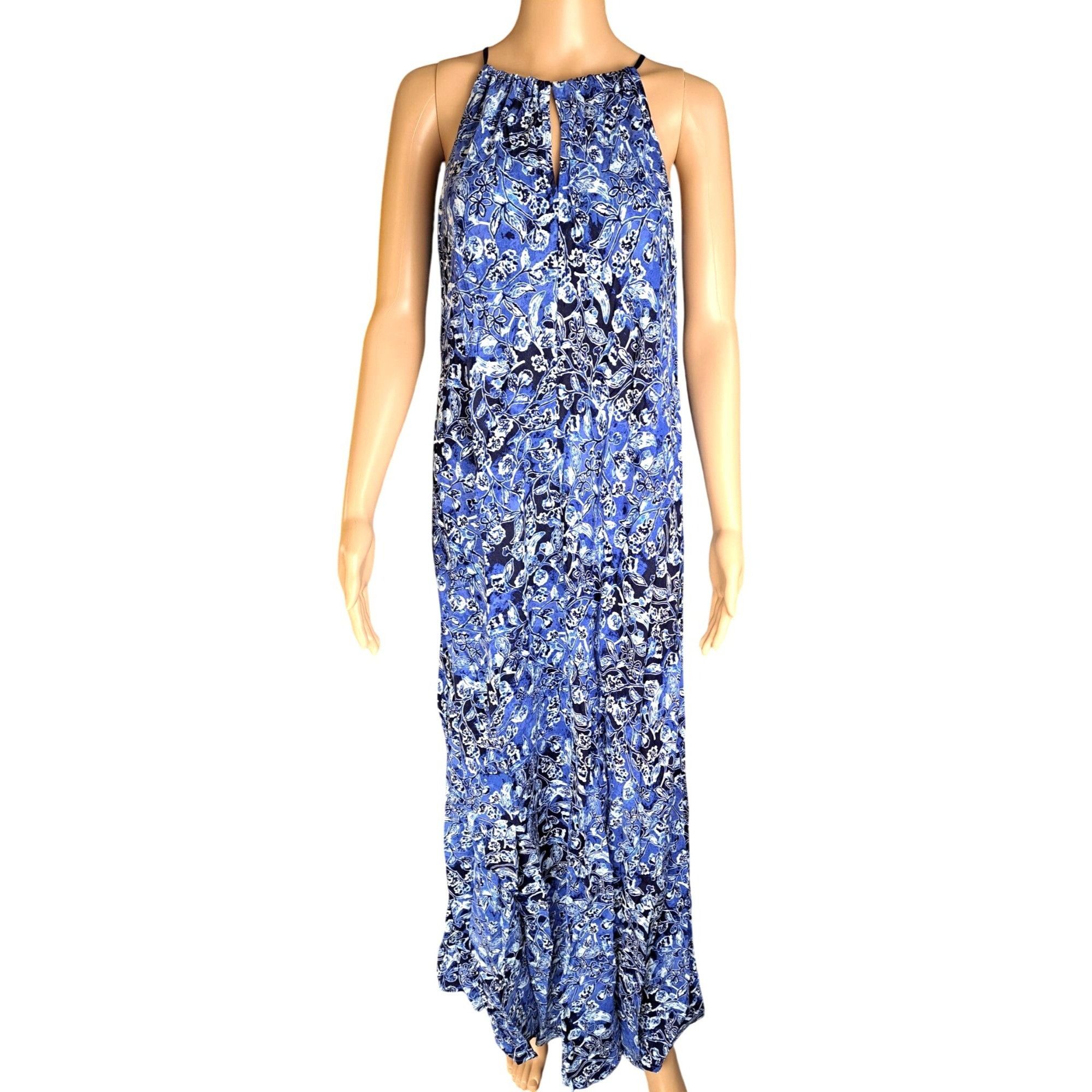 Lucky Brand Lucky Brand Blue Floral Halter Maxi Dress Adjustable Tassels Size L / US 10 / IT 46 - 1 Thumbnail
