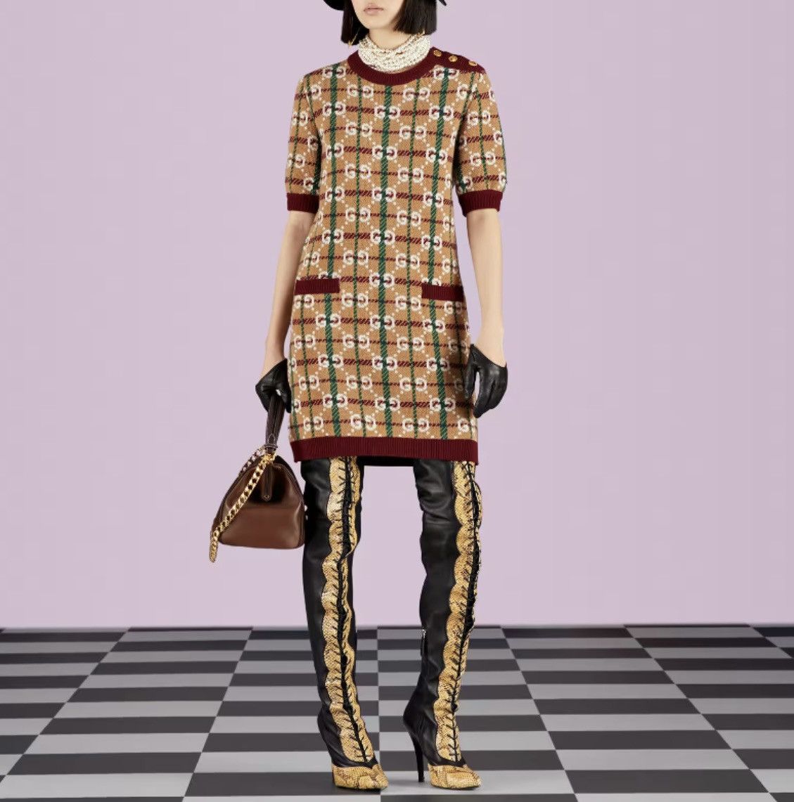 Gucci Gucci Monogram Checked Wool Intarsia Dress size XXL Size XXL / US 16-18 / IT 52-54 - 3 Thumbnail
