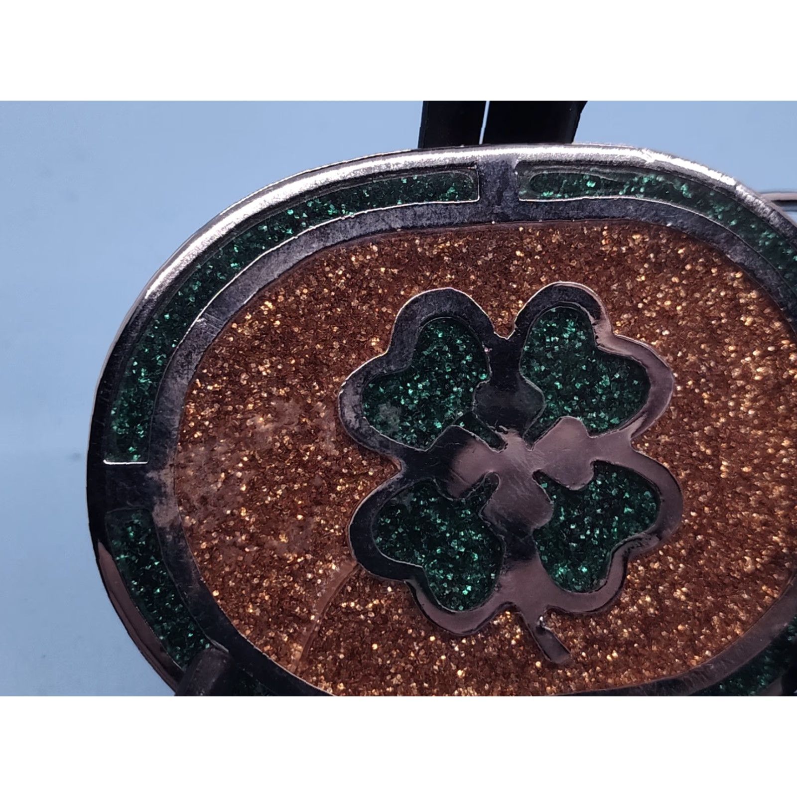 Vintage VINTAGE PSC Belt Buckle Silver Toned Four Leaf Clover Irish 1979 2 1/8" x 3" Glitter Green Orange Womens Mens Unisex Size ONE SIZE - 2 Thumbnail