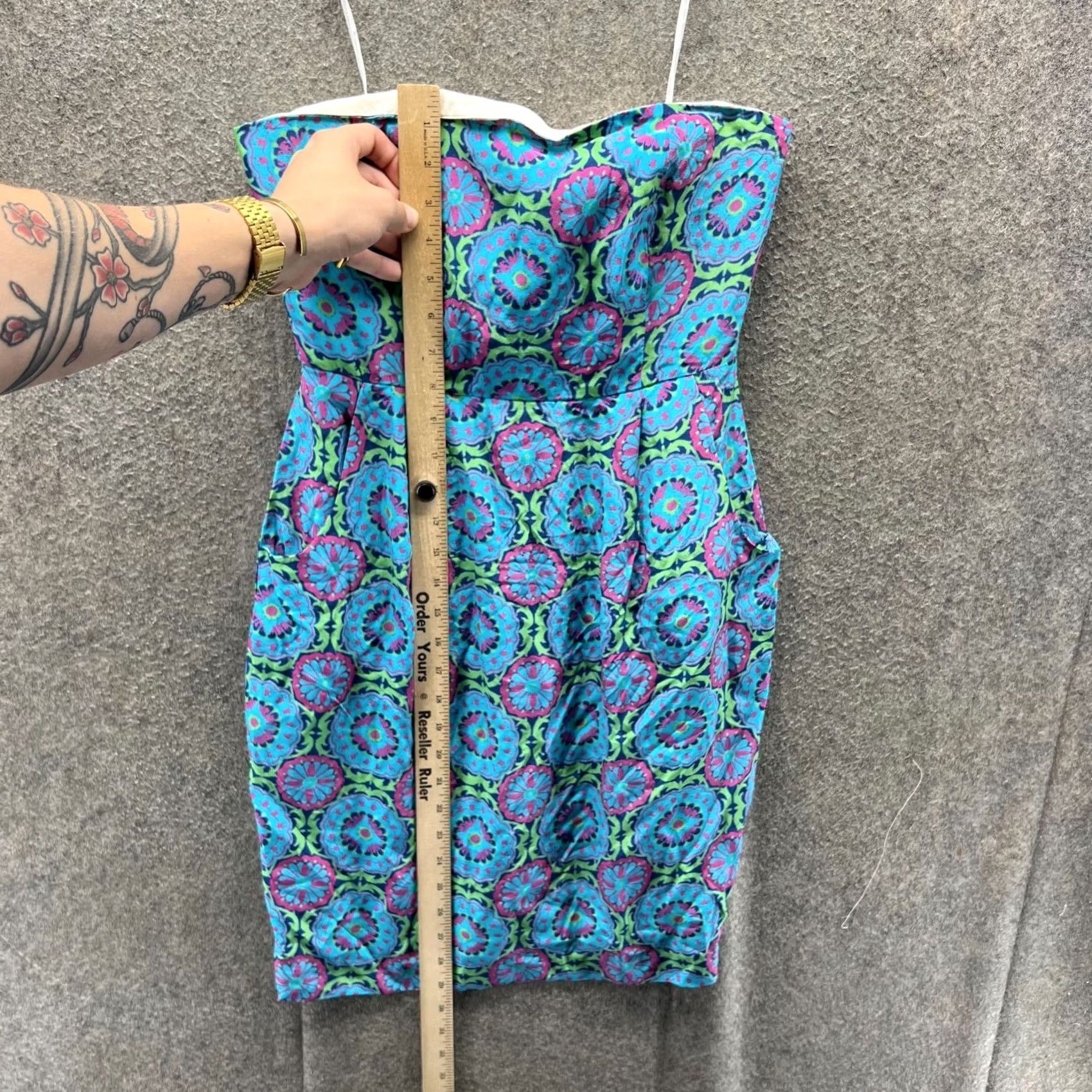 Vintage Lauren Gold Dress Womens 2 Blue Geometric Strapless Sweetheart Mini Sundress Size XS / US 0-2 / IT 36-38 - 4 Thumbnail