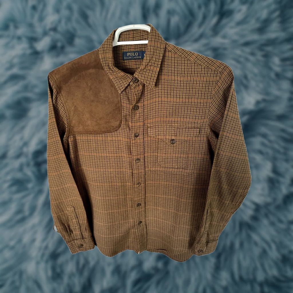 VINTAGE Polo Ralph Lauren Hunting Mens Shirt Suede Patch Plaid Brown Cotton Button-Up Long Sleeve Size M