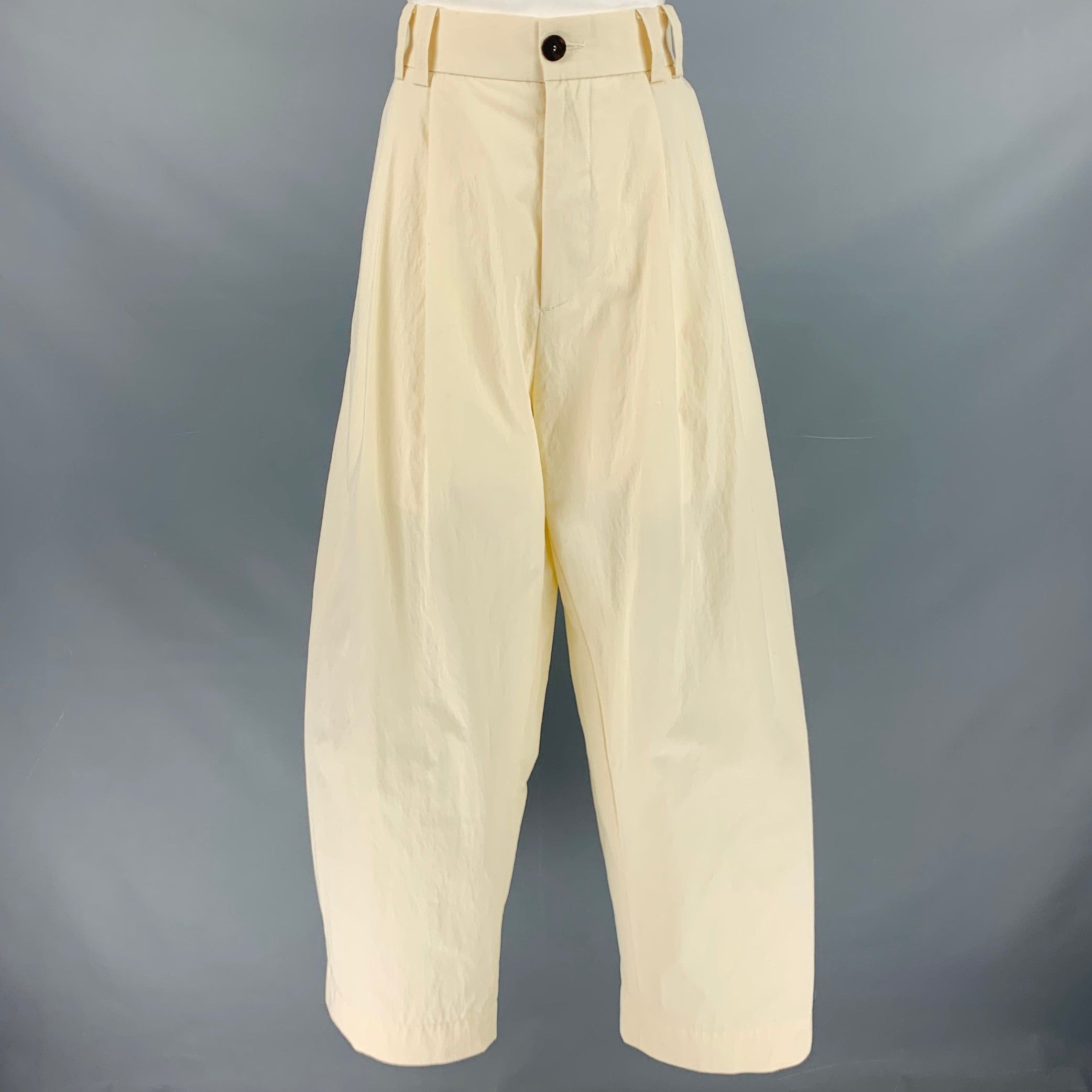image of Studio Nicholson Cream Cotton Blend Pleated Dress Pants, Women's (Size 26)