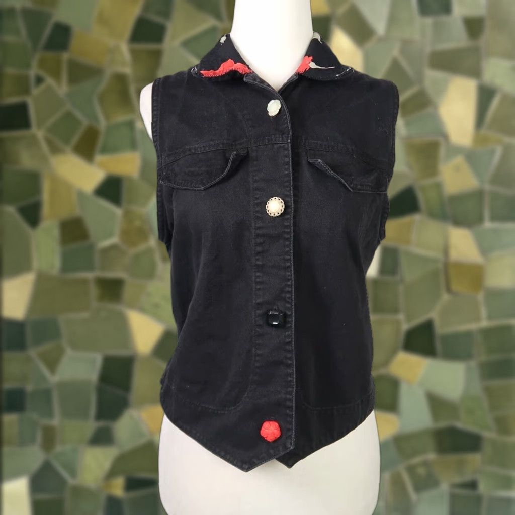 Rainbow VINTAGE 90s Marcia's Rainbow vest Flower print Floral Cotton Button Back Tie Black S Womens Size S / US 4 / IT 40 - 1 Thumbnail