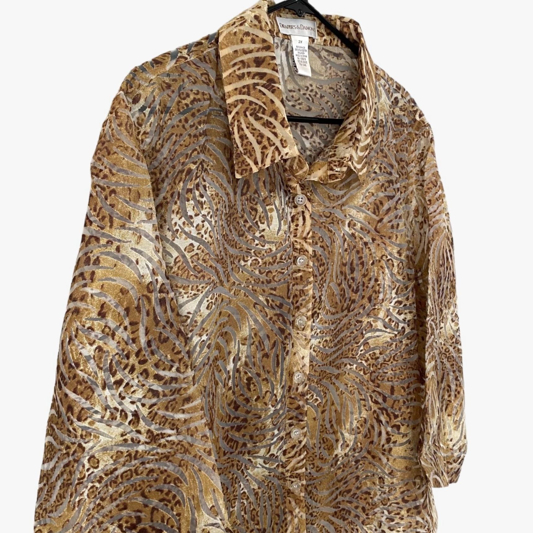 Vintage Draper's & Damons Sheer Animal Print Button-Up Blouse Brown Womens 2X Plus Size 2X Button-Up Shirt Size XXL / US 16-18 / IT 52-54 - 4 Thumbnail