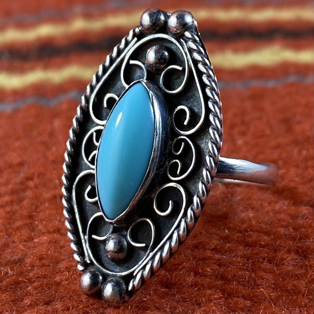 Japanese Brand Vtg 60s 70s Taxco Sterling Silver Turquoise Filigree Ring Size ONE SIZE - 4 Thumbnail