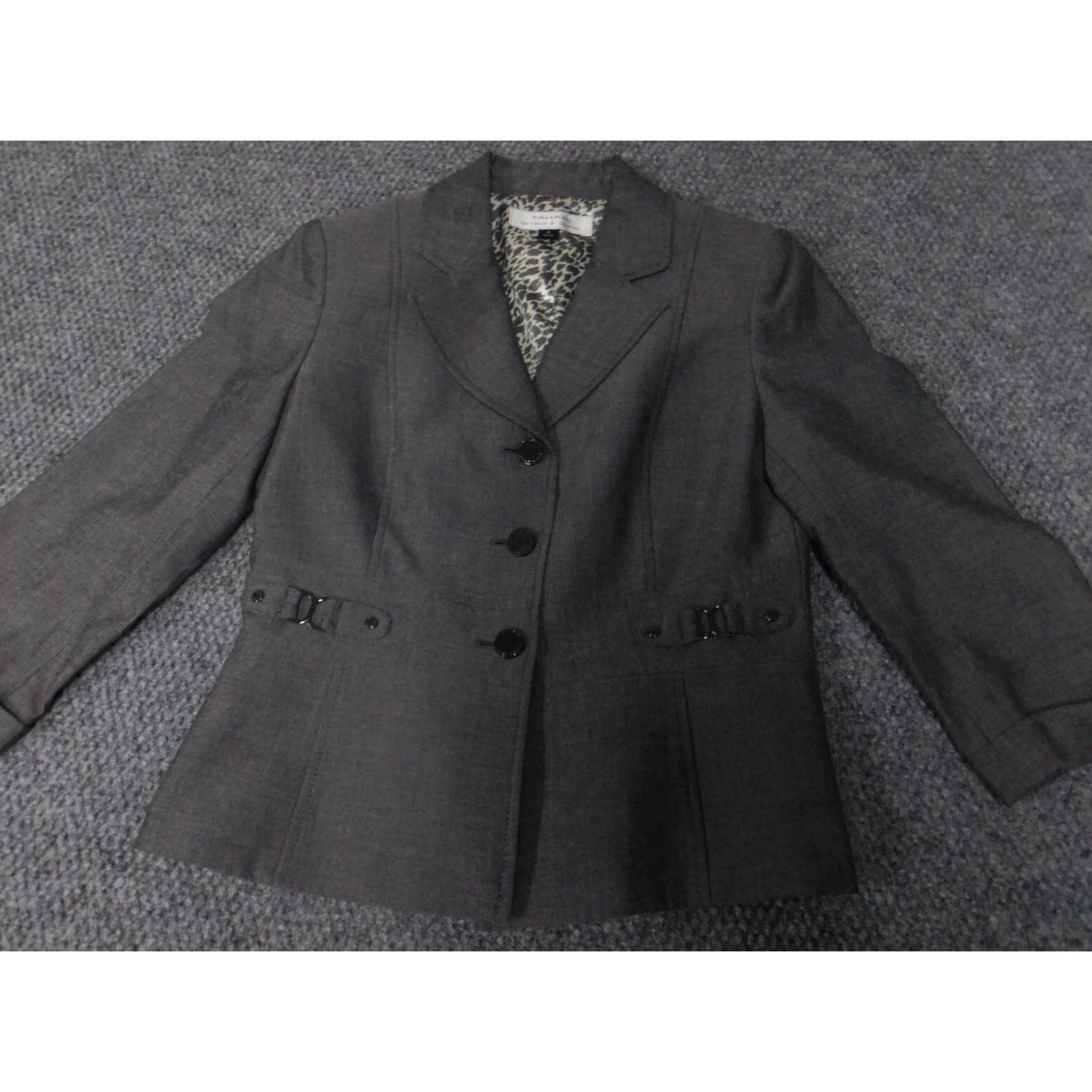 Vintage Tahari ASL Womens Jacket Blazer 4 Gray Three-button Classic Striped Polyester Rayon Lightweight Long Sleeve Middle Length Women Mens? Size S / US 4 / IT 40 - 2 Thumbnail