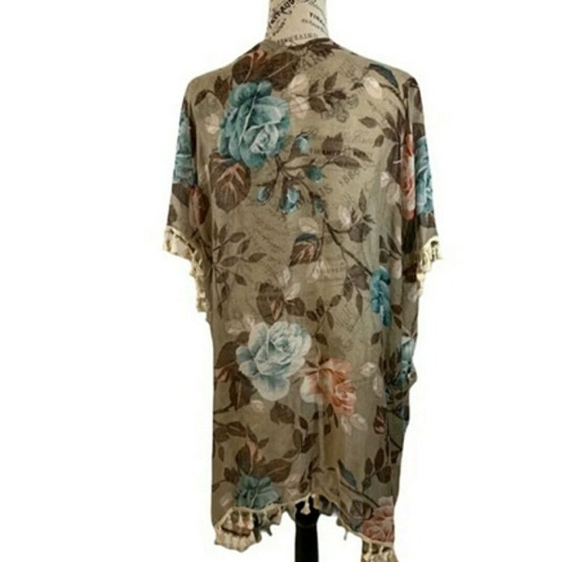 Other Riah Fashion LA Floral Kimono Wrap Boho Shawl Tassels Sheer Size ONE SIZE - 5 Thumbnail