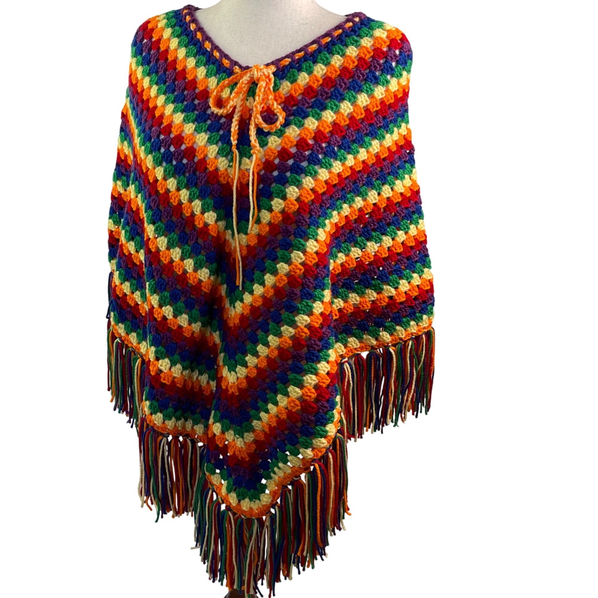 Handmade Crochet Poncho Fringed Rainbow Color Granny Square Stitch Un Size ONE SIZE - 1 Thumbnail
