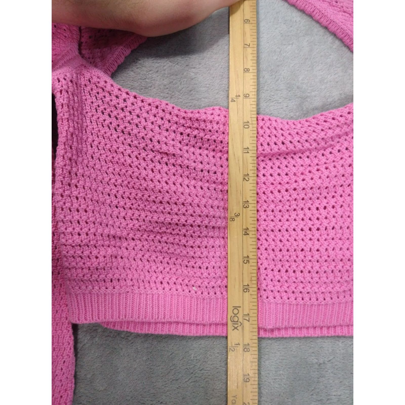 Vintage American Eagle Sweater Womens Large Pink Crop Crochet Cotton Long Sleeve Barbie Size L / US 10 / IT 46 - 3 Thumbnail