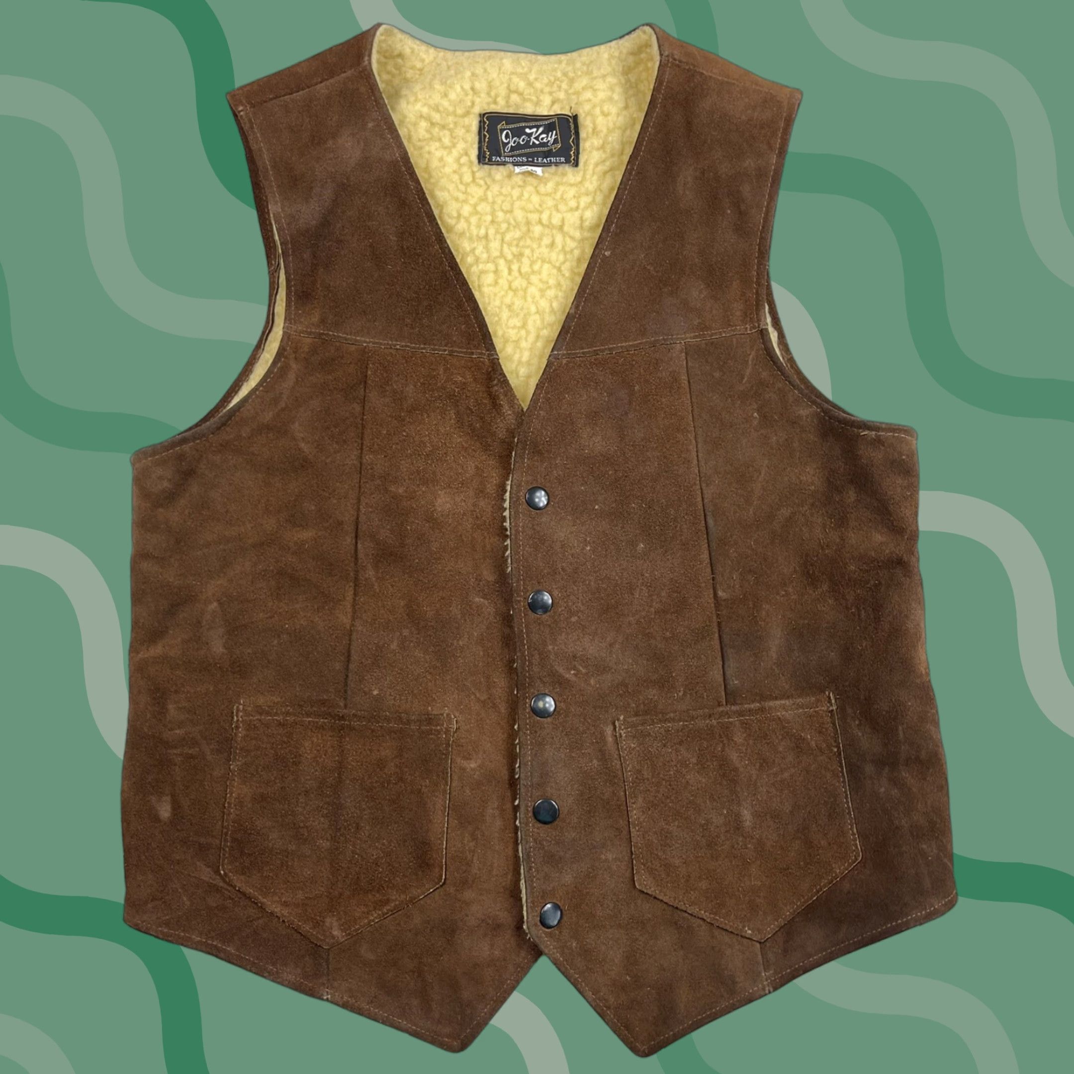 Vintage VINTAGE Joo-Kay Leather Vest Sherpa Lined Western USA 40 Men Brown 70s Work Vest Snap Buttons Mens Size US XXS / EU 40 - 1 Thumbnail