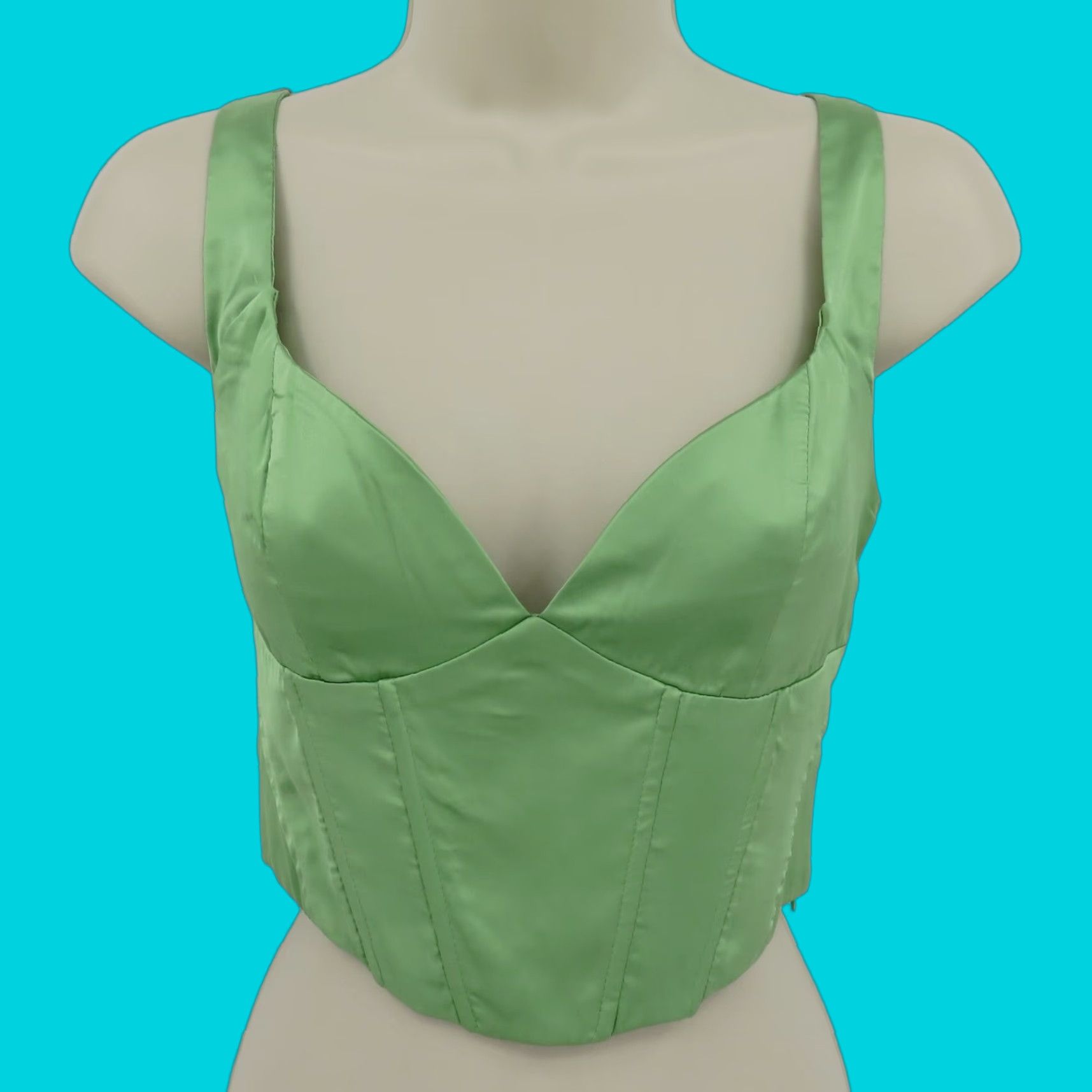 PRINCESS POLLY Princess Polly Women Tank Top Cropped Sweetheart Corset Zip Green 8 US Satin Polyester Casual Knits No N/A Size M / US 6-8 / IT 42-44 - 1 Thumbnail