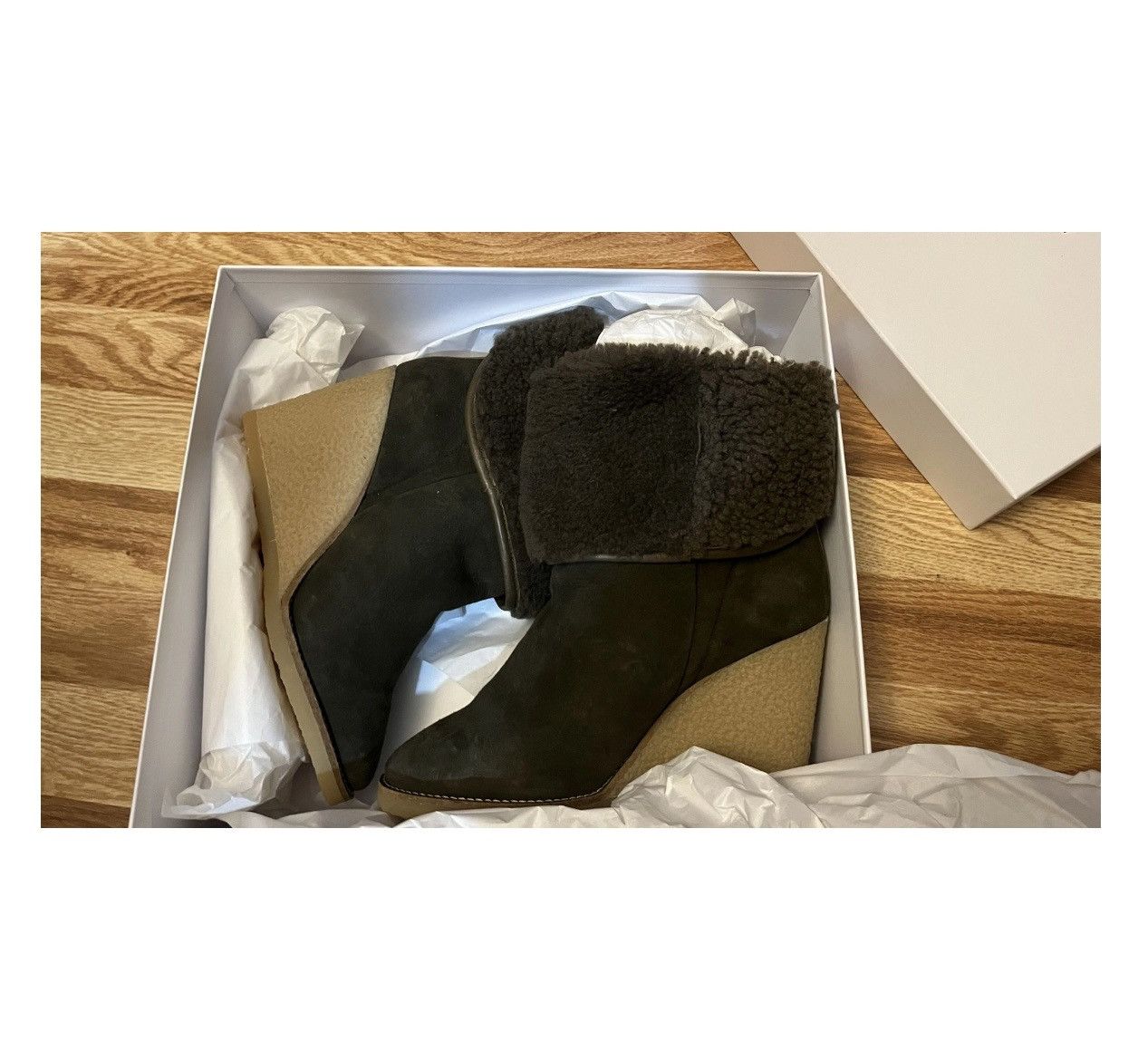 Isabel Marant Chic Army green suede sheep fur trim wedges Size US 8 / IT 38 - 6 Thumbnail