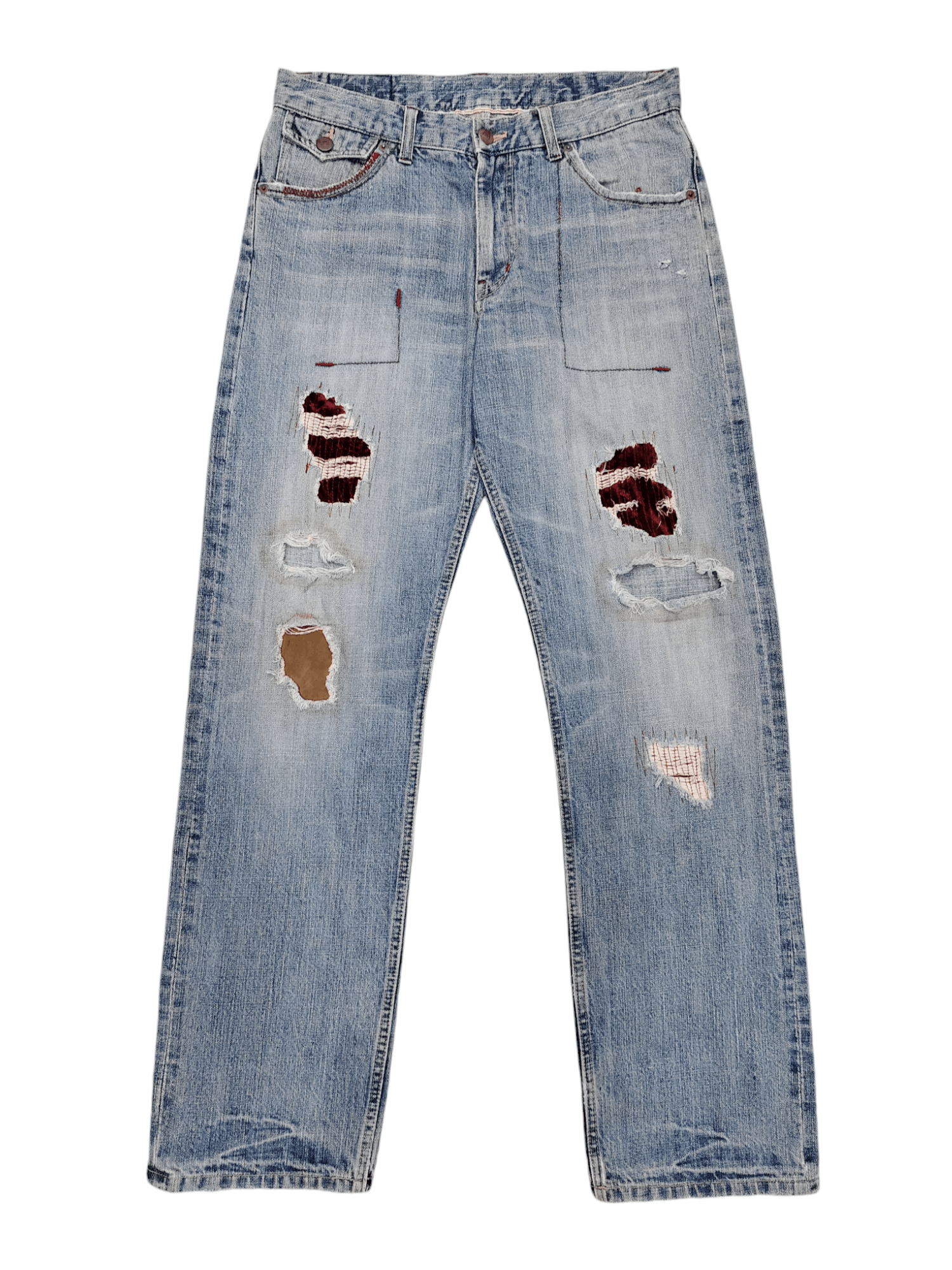 Japanese Brand 00s Rattletrap 🇯🇵 Distressed Pacthwork Raw Selvedge Jeans Size US 32 / EU 48 - 1 Thumbnail