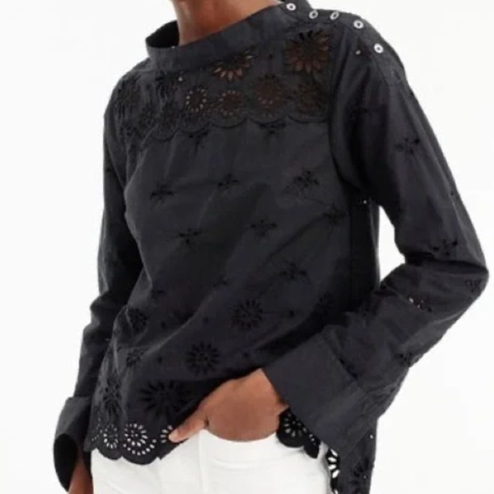J.Crew J. Crew Womens Funnel Neck Eyelet Shirt Size 6P Black Summer Size M / US 6-8 / IT 42-44 - 1 Thumbnail