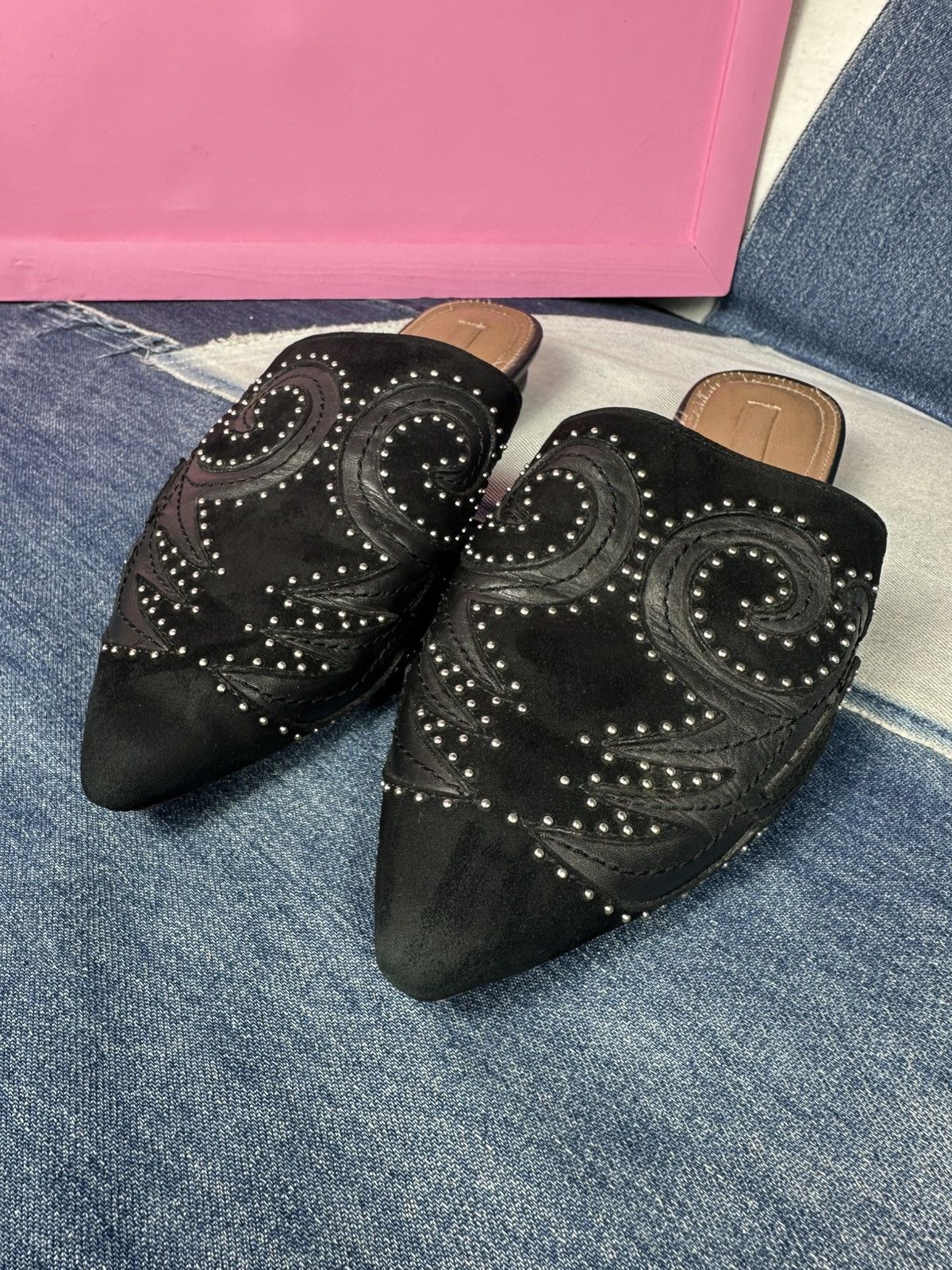 Bcbgmaxazria BCBGMAXAZRIA Nola Mules Suede Leather Black Flat Size US 8.5 / IT 38.5 - 5 Thumbnail