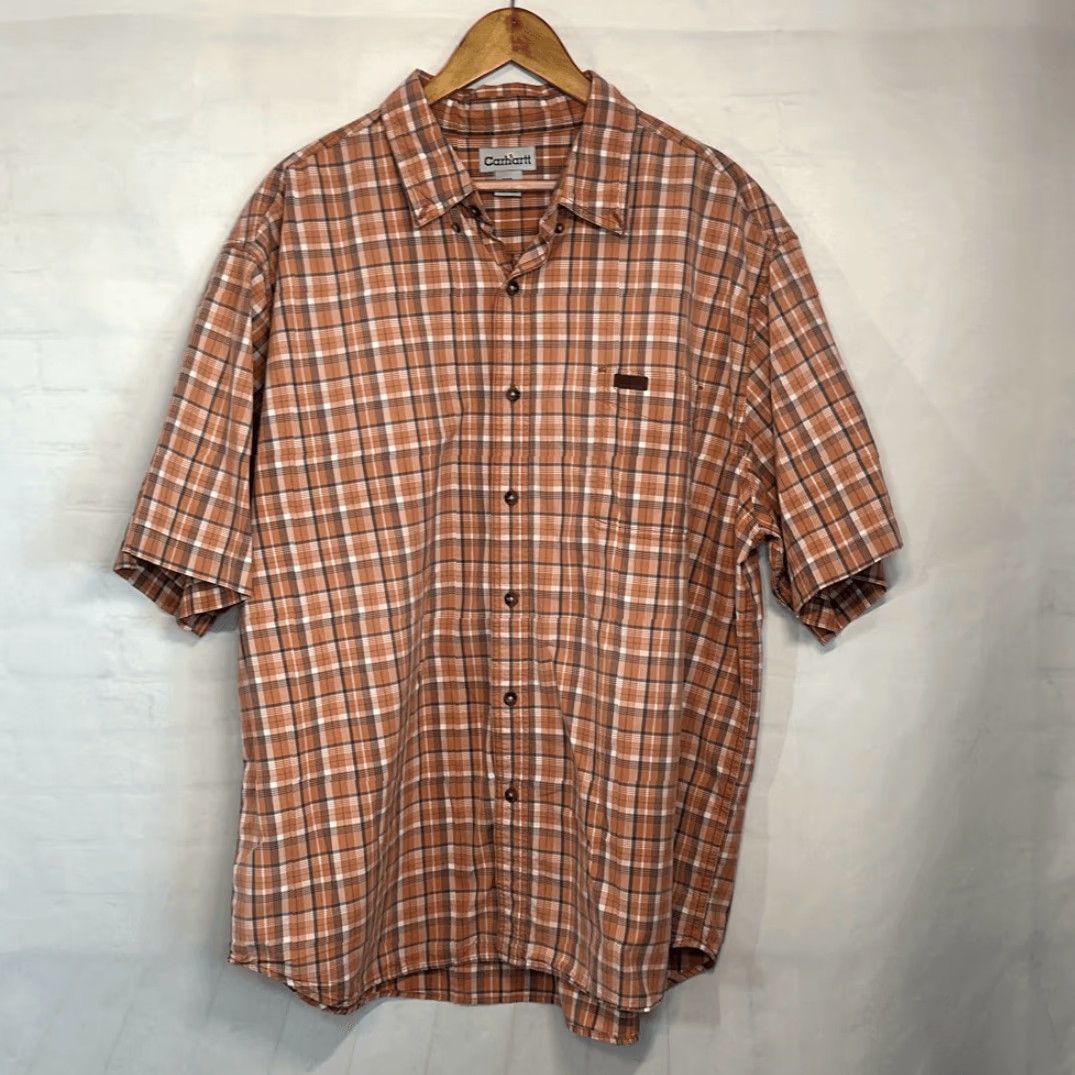 Carhartt Carhartt Mens Orange Gray Plaid Short Sleeve Button Up Shirt 2XL Cotton Multicolor Mens Shirts Size US XXL / EU 58 / 5 - 2 Thumbnail