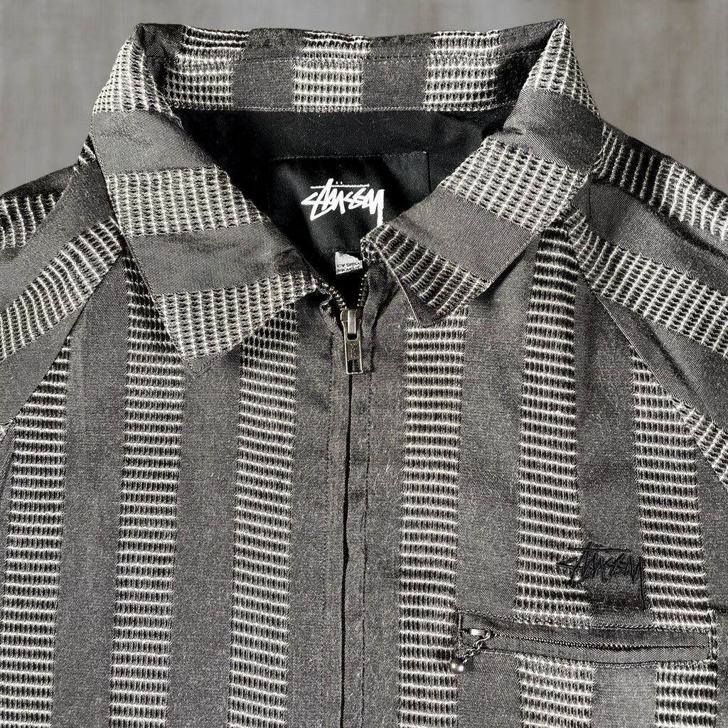Etro Stussy Jacket Mens Medium Gray Striped Full Zip Polyester Rayon Retro Streetwear Bomber Zip Pocket Embroidered Logo Size US M / EU 48-50 / 2 - 1 Thumbnail