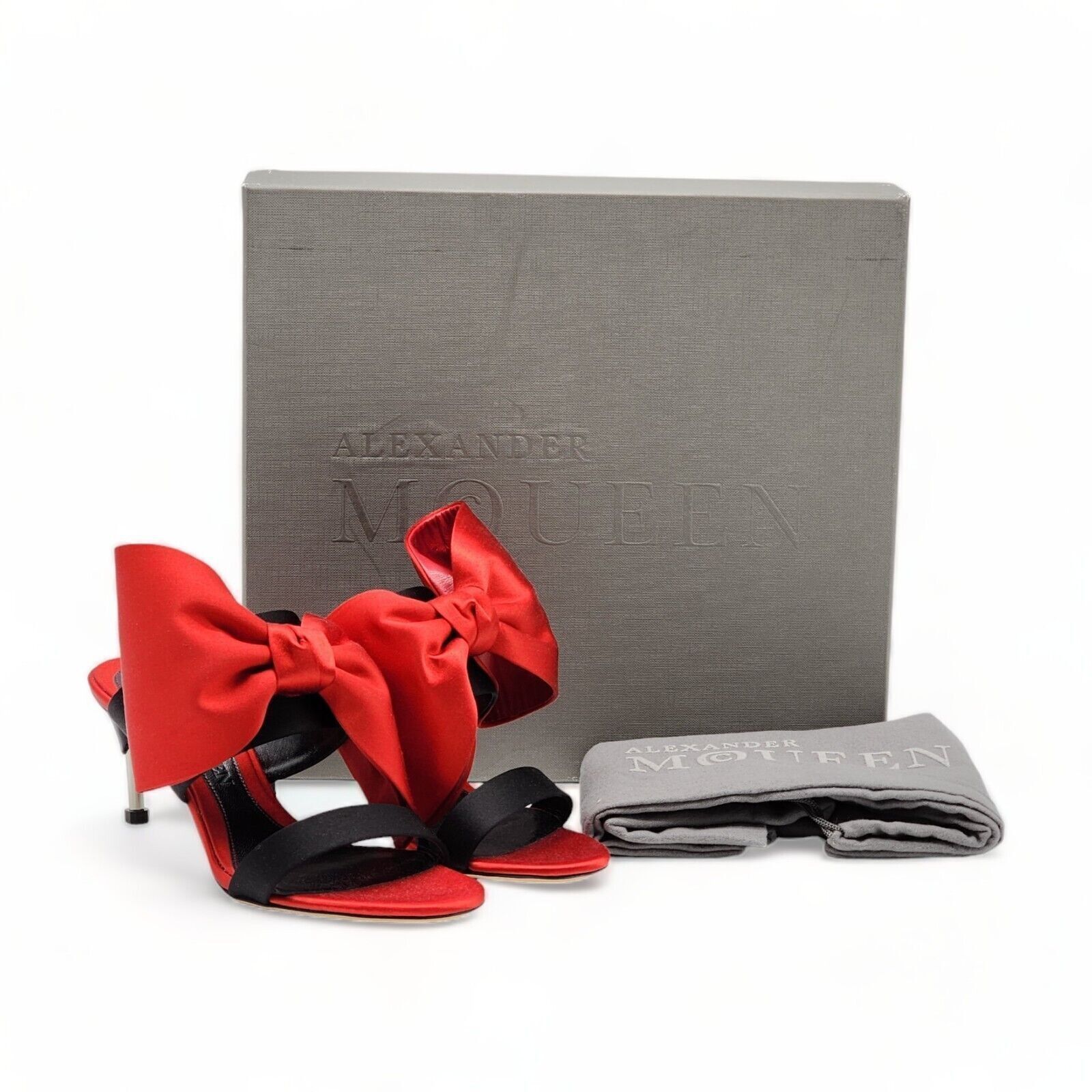 Alexander McQueen Pin Heel Bow Heeled Satin Mules Red Black EU 35 US 5 - $950 Size US 5 / IT 35 - 2 Thumbnail