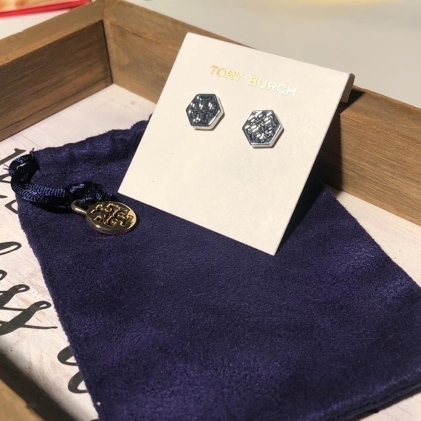 Designer Tory Burch Hexagon Stud Earrings - Elegant Silver Design Size ONE SIZE - 2 Thumbnail