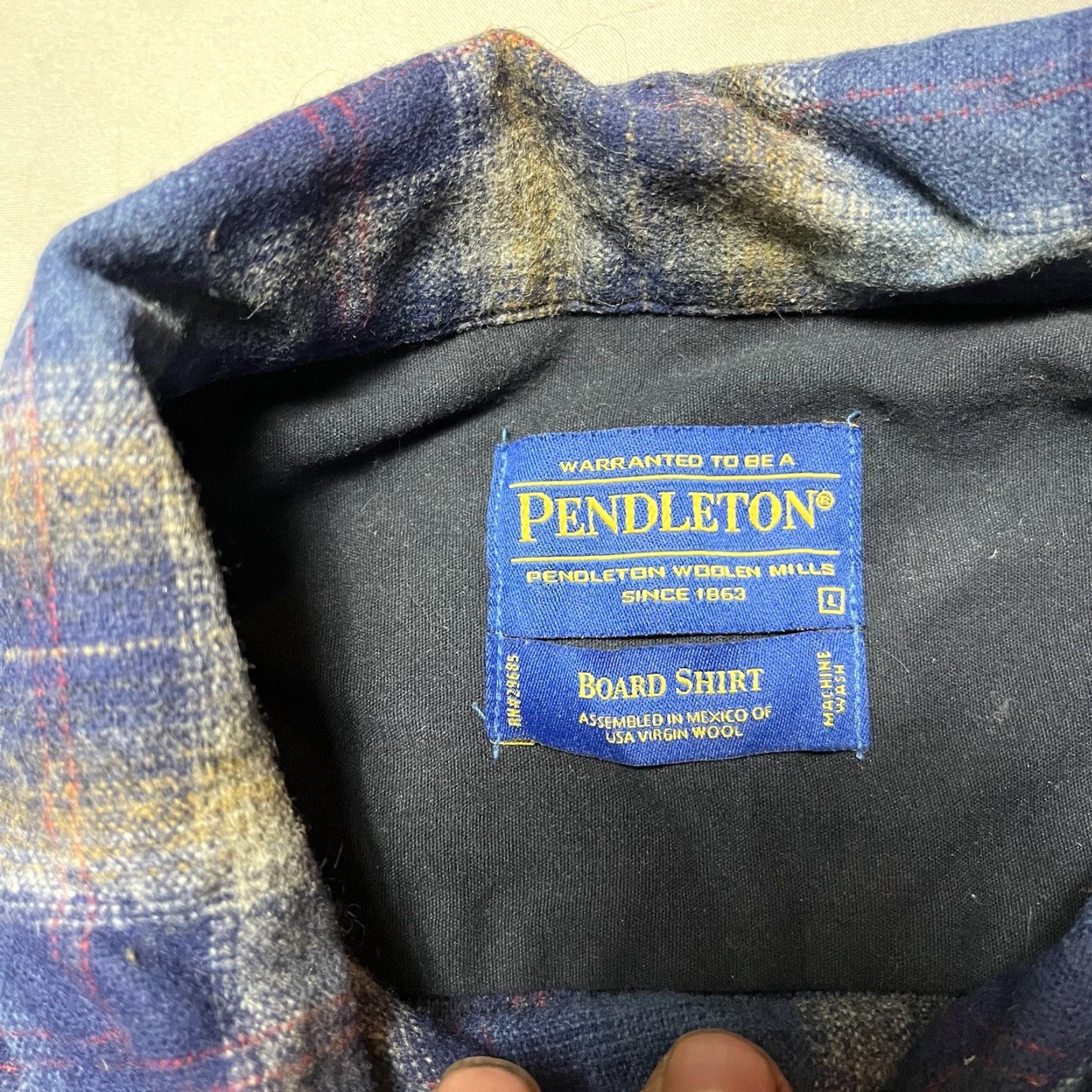 VINTAGE Pendleton Board Shirt Red Plaid Wool Loop Collar Button Down Large L Blue 1990s Grunge Mens