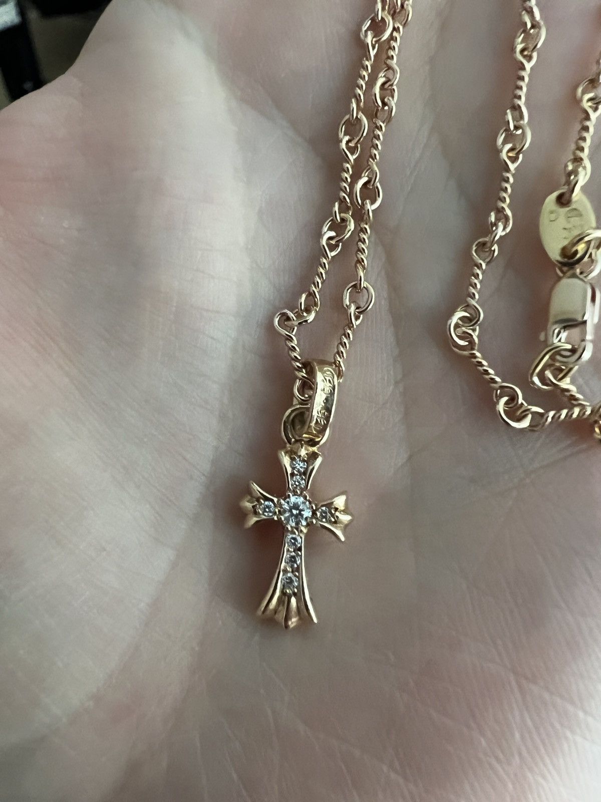 Chrome Hearts 22k Gold White Diamond Baby Fat Cross w/ 16in Twist 