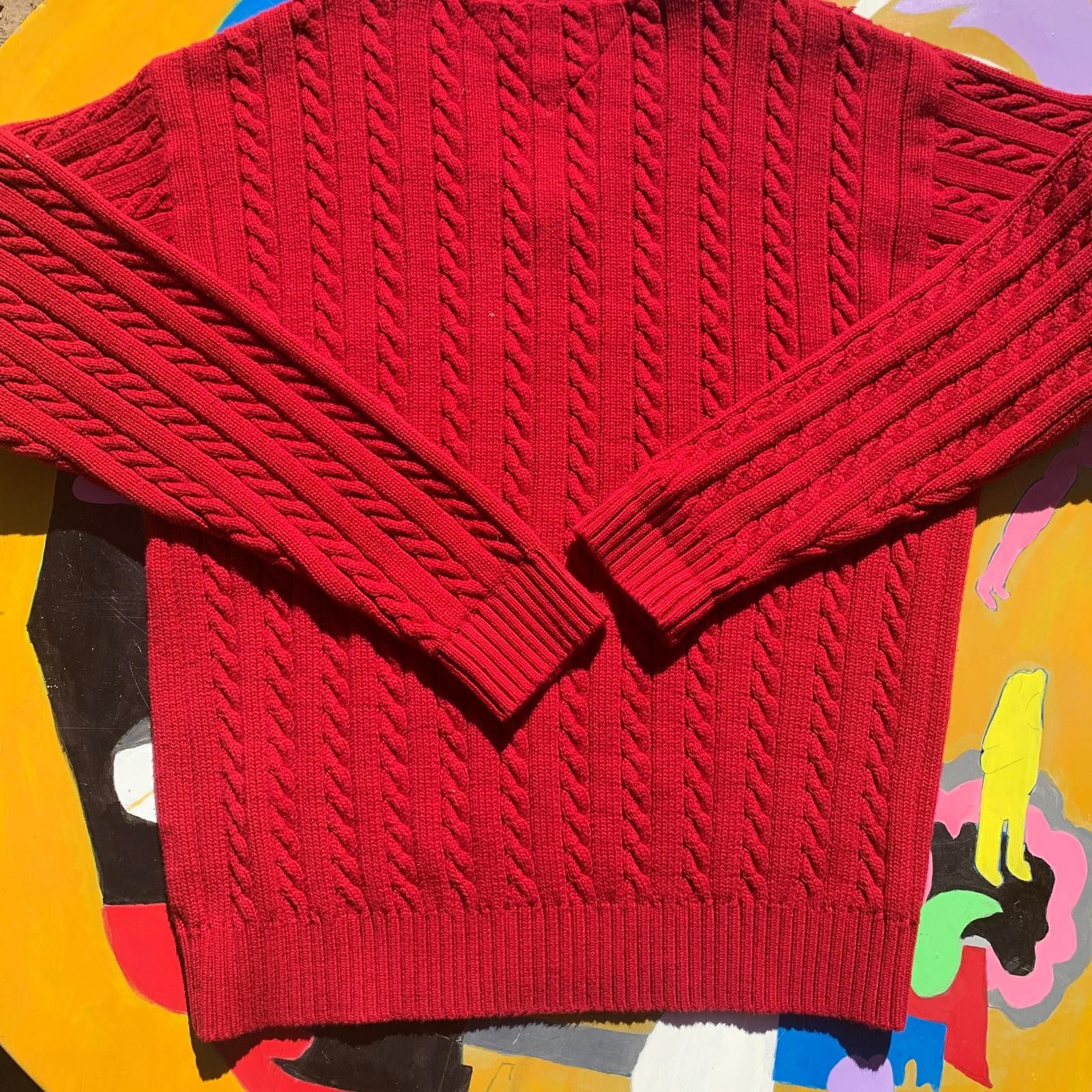 Tommy Hilfiger Tommy Hilfiger Red Cable Knit V-Neck Sweater XL Size ONE SIZE - 4 Thumbnail
