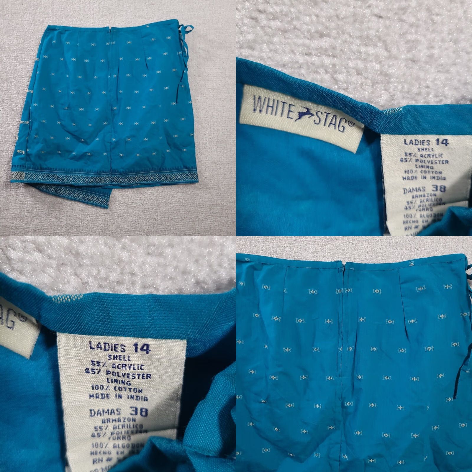 Vintage VINTAGE White Stag Skirt Women's 14 Blue Geometric Print Tie Zip Classic 90s Wrap (Short) Girls? Size 36" / US 14 / IT 50 - 8 Thumbnail