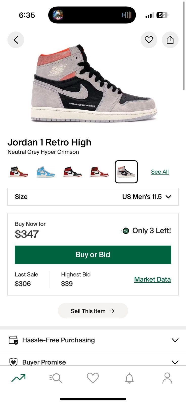 Jordan Brand Jordan 1 Retro High OG Neutral Grey Hyper Crimson Size US 11.5 / EU 44-45 - 5 Thumbnail