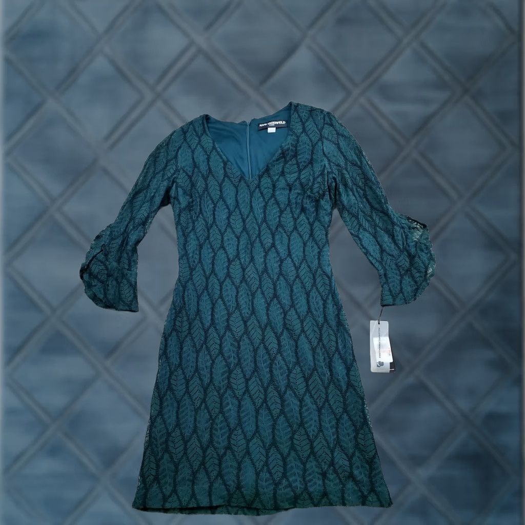 Karl Lagerfeld Karl Lagerfeld Paris Dress Womens 2 Green Leaf Lace Long Sleeve V Neck Party Cocktail Sheath Size XS / US 0-2 / IT 36-38 - 1 Thumbnail