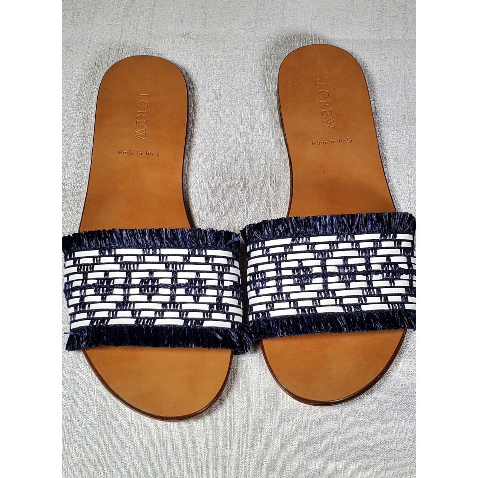 J.Crew J.Crew Sandals Woven Raffia Navy Blue / White Slip On Slides Women US 8.5 Italy Summer Casual Size US 9 / IT 39 - 3 Thumbnail