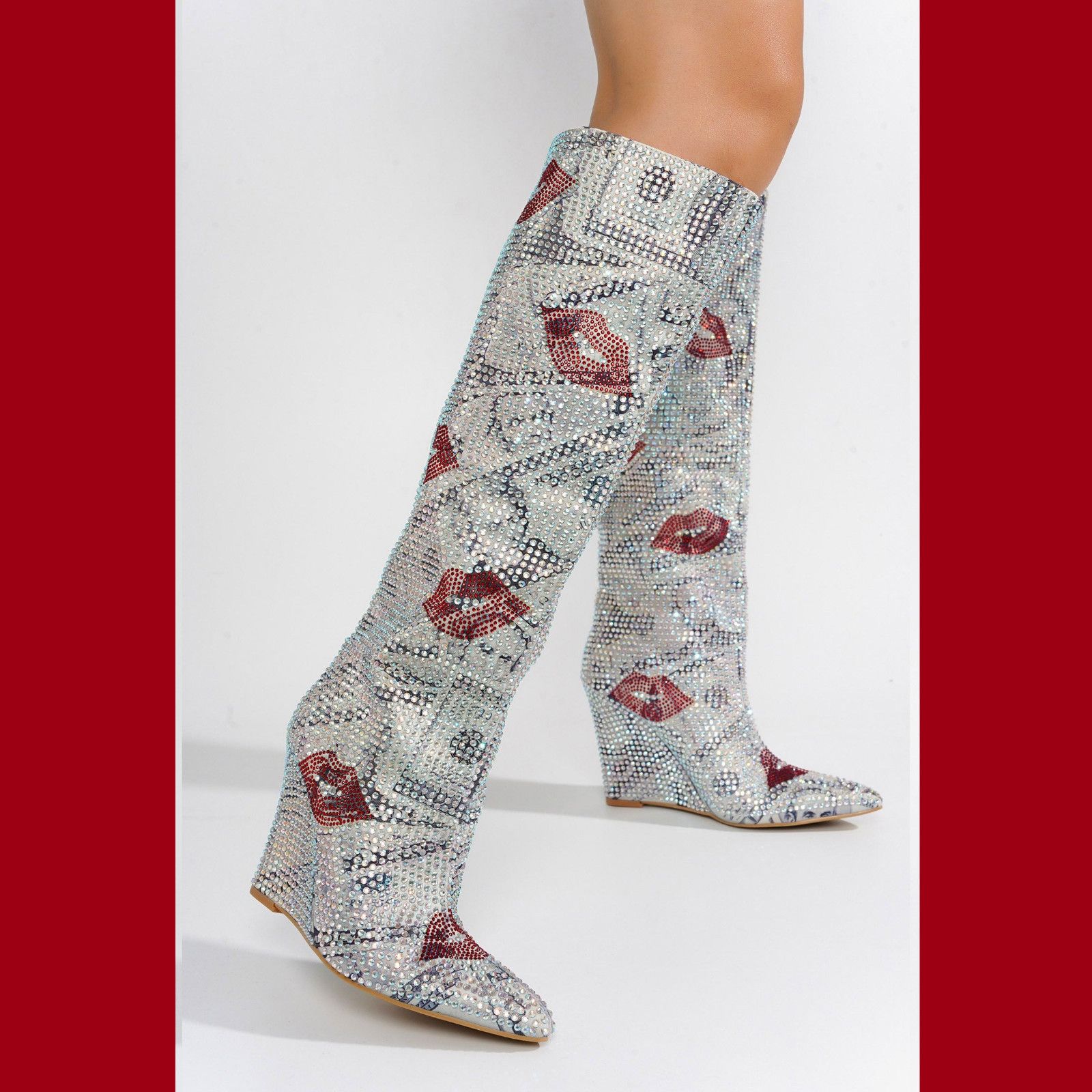Other Kisses Silver Rhinestone Kiss Print Wedge Heel Knee Boots NE Size US 8 / IT 38 - 3 Thumbnail