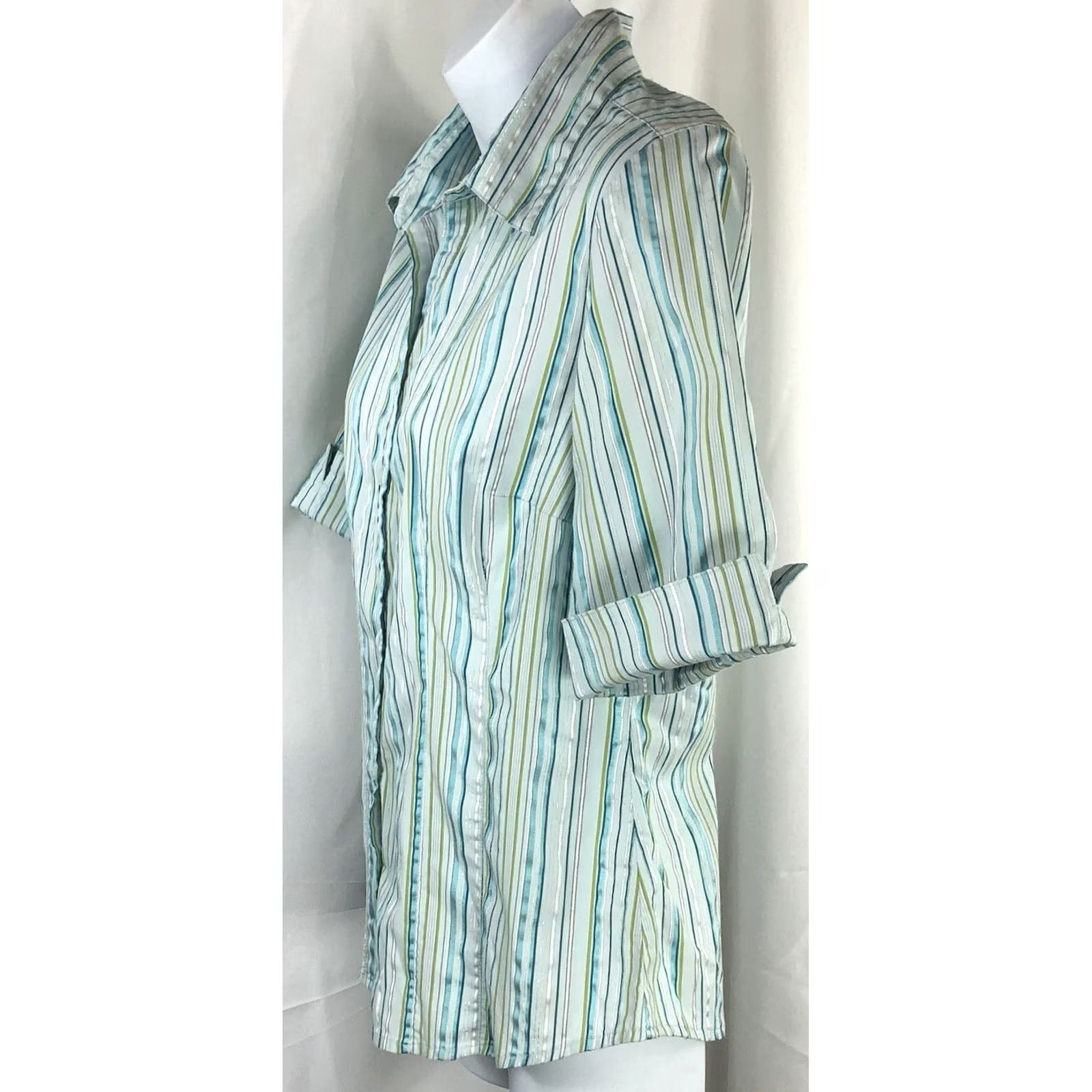 Vintage VINTAGE Studio 1940 Top M Green stripe Button Up 3/4 Sleeves Office Y2K Capsule Size M / US 6-8 / IT 42-44 - 2 Thumbnail
