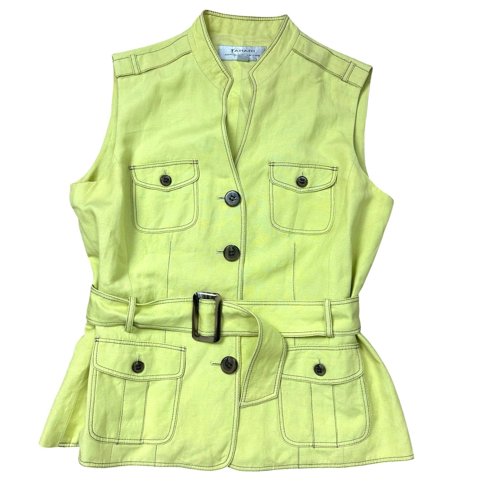 Elie Tahari Tahari Linen Blend Lime Green Belted Pocket Vest Size 8 Size M / US 6-8 / IT 42-44 - 1 Thumbnail