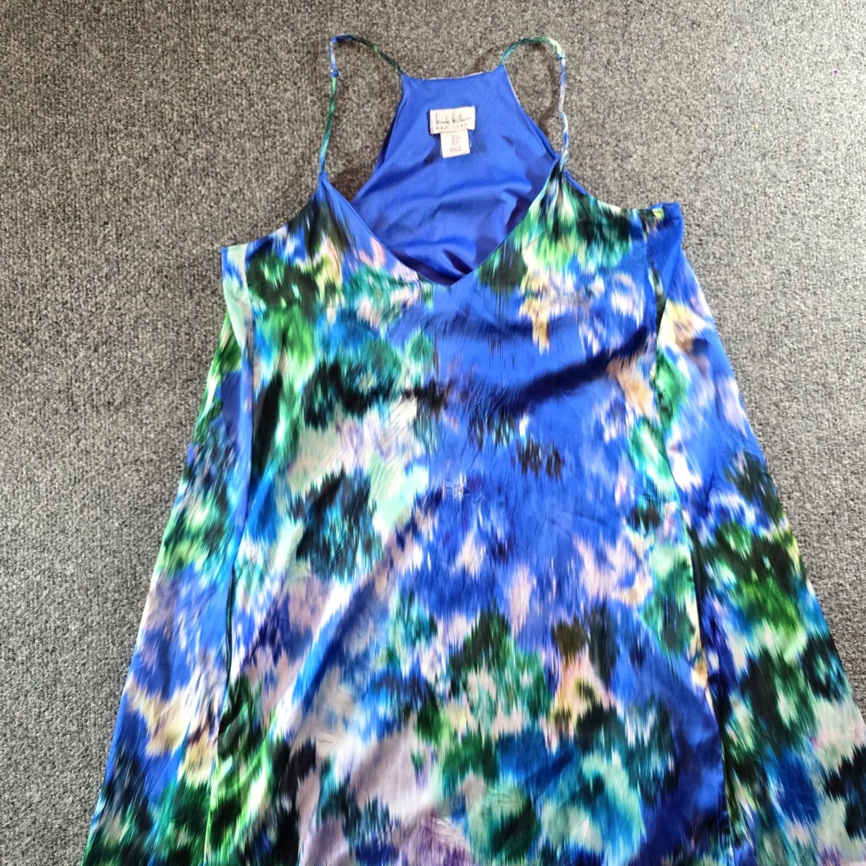 Nicole Miller Nicole Miller Dress Womens Size S Blue Green Watercolor Midi Casual Resort Satin Sheath Pockets V-Neck Sleeveless Pullover Microgeometric Pattern Size S / US 4 / IT 40 - 2 Thumbnail