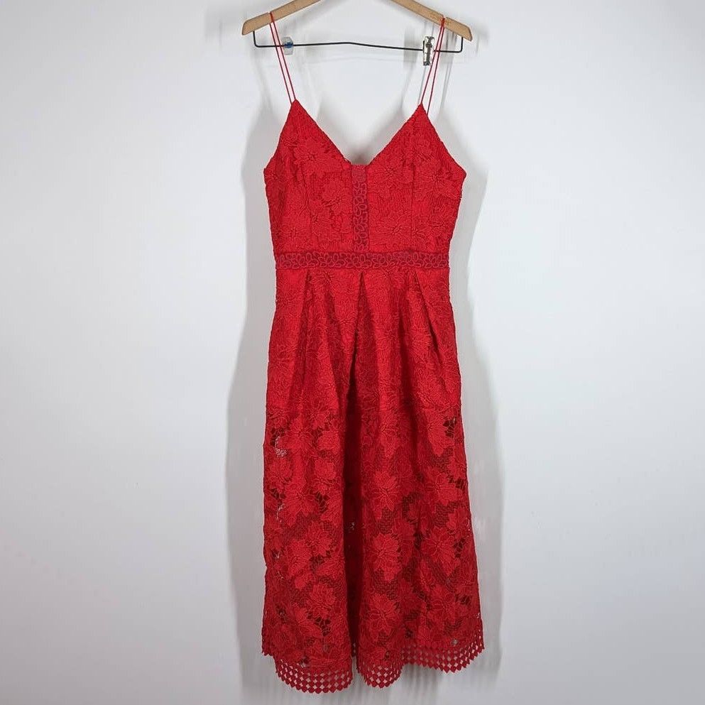 image of Nicholas Rouleau Red Lace Sleeveless V-Neck Midi Dress 6, Women's (Size Medium)