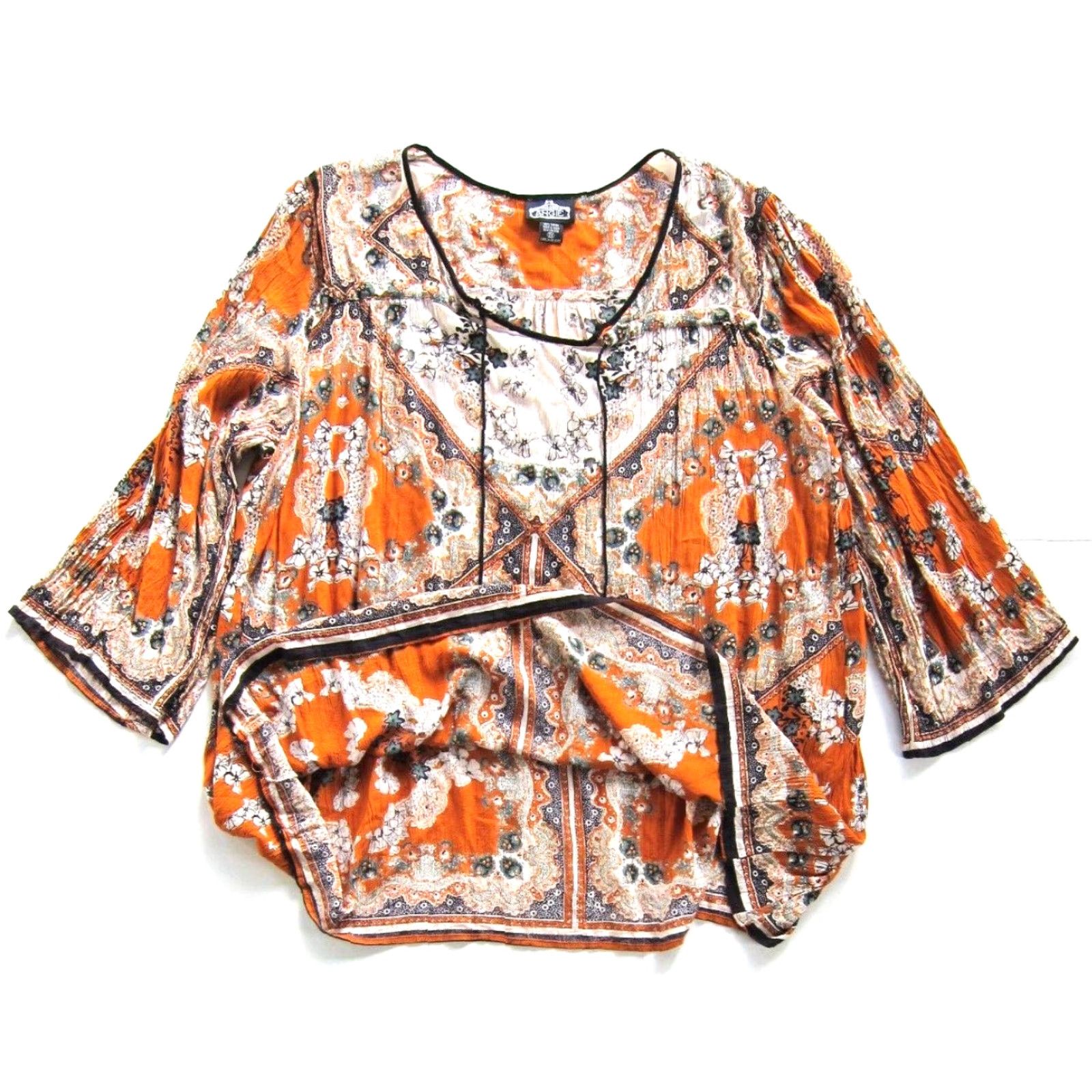 Vintage Angie Blouse Shirt 2X Adult Womens Floral Long Sleeve Tunic Peasant 100% Rayon Orange Black Green Size XXL / US 16-18 / IT 52-54 - 5 Thumbnail