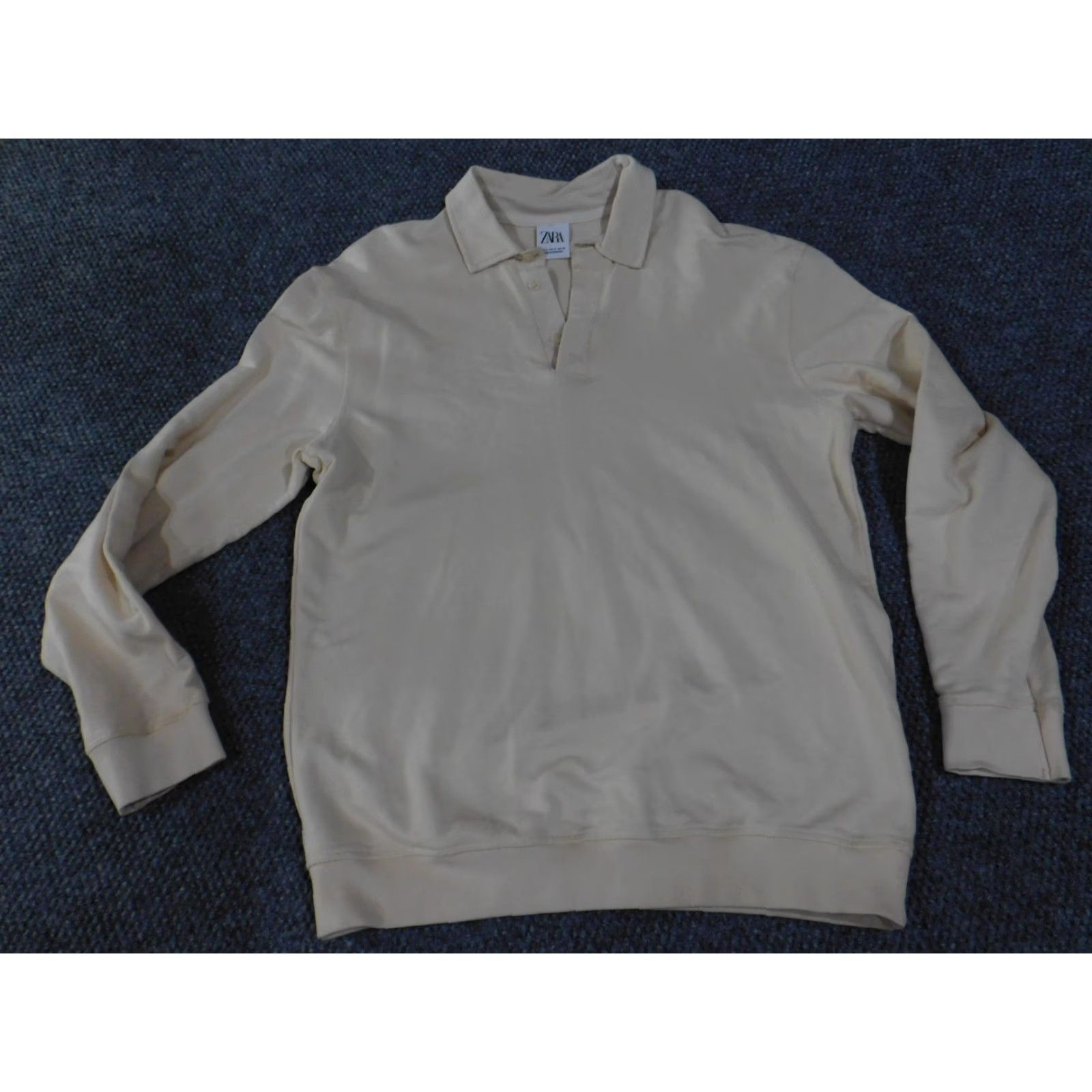 Zara VINTAGE Zara Sweatshirt Mens Small Beige Cream Collared Pullover Rib Cuffs Hem Cotton Size US S / EU 44-46 / 1 - 5 Thumbnail