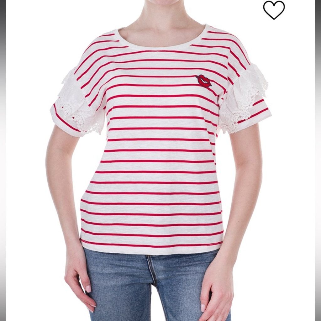 Other OUI Striped Cotton Red White T-Shirt Lace Boat Round Size 8 Size M / US 6-8 / IT 42-44 - 2 Thumbnail